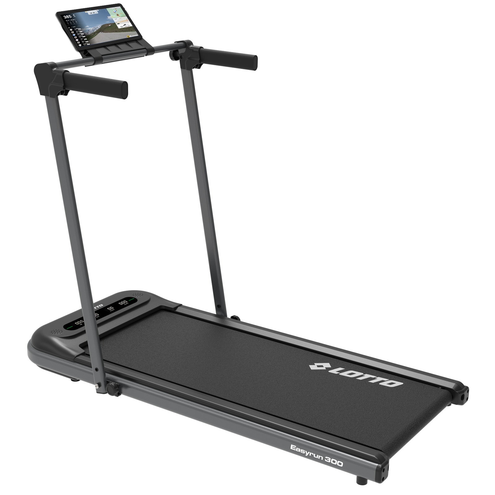 Fotografie Banda de alergat electrica Lotto Easyrun 300, bluetooth Fitshow/Kinomap/Zwift, motor 2.5.CP, calculator LED 4 ferestre, greutate maxima utilizator 100 kg, suprafata de alergat 100*42 cm, 100% pliabila, telecomanda pentru reglarea vitezei