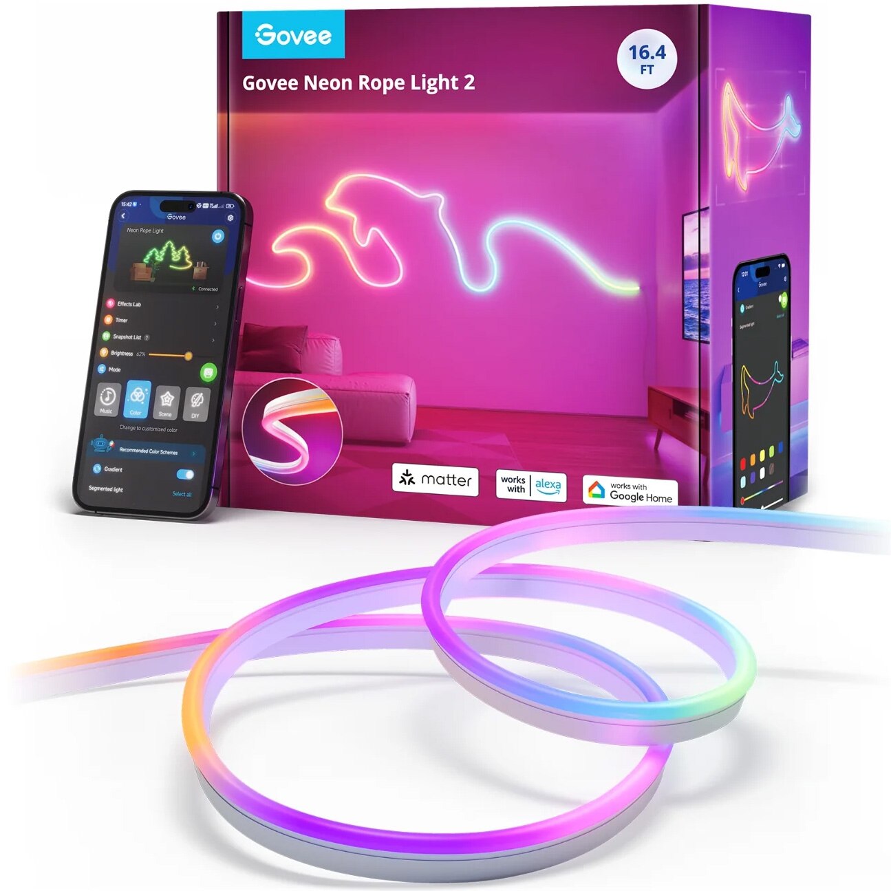Fotografie Banda LED inteligenta Govee Neon H61D5 RGBIC, Wi-Fi, Bluetooth, Matter, 48W, Sincronizare Muzica, Alexa, Google Asistant, 5m