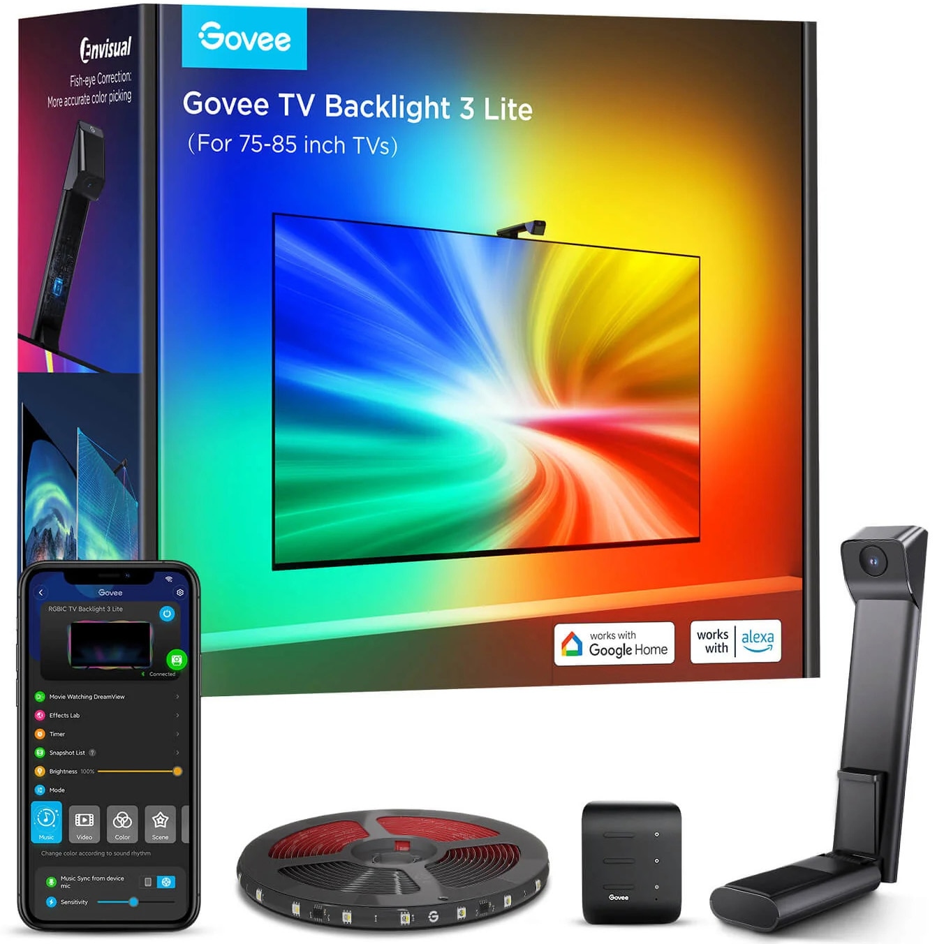 Fotografie Banda LED inteligenta Govee TV Backlight 3 Lite, H6099, Wi-Fi + Bluetooth, RGBICW, Camera, 75-85 inch, 36W, Fisheye Correction
