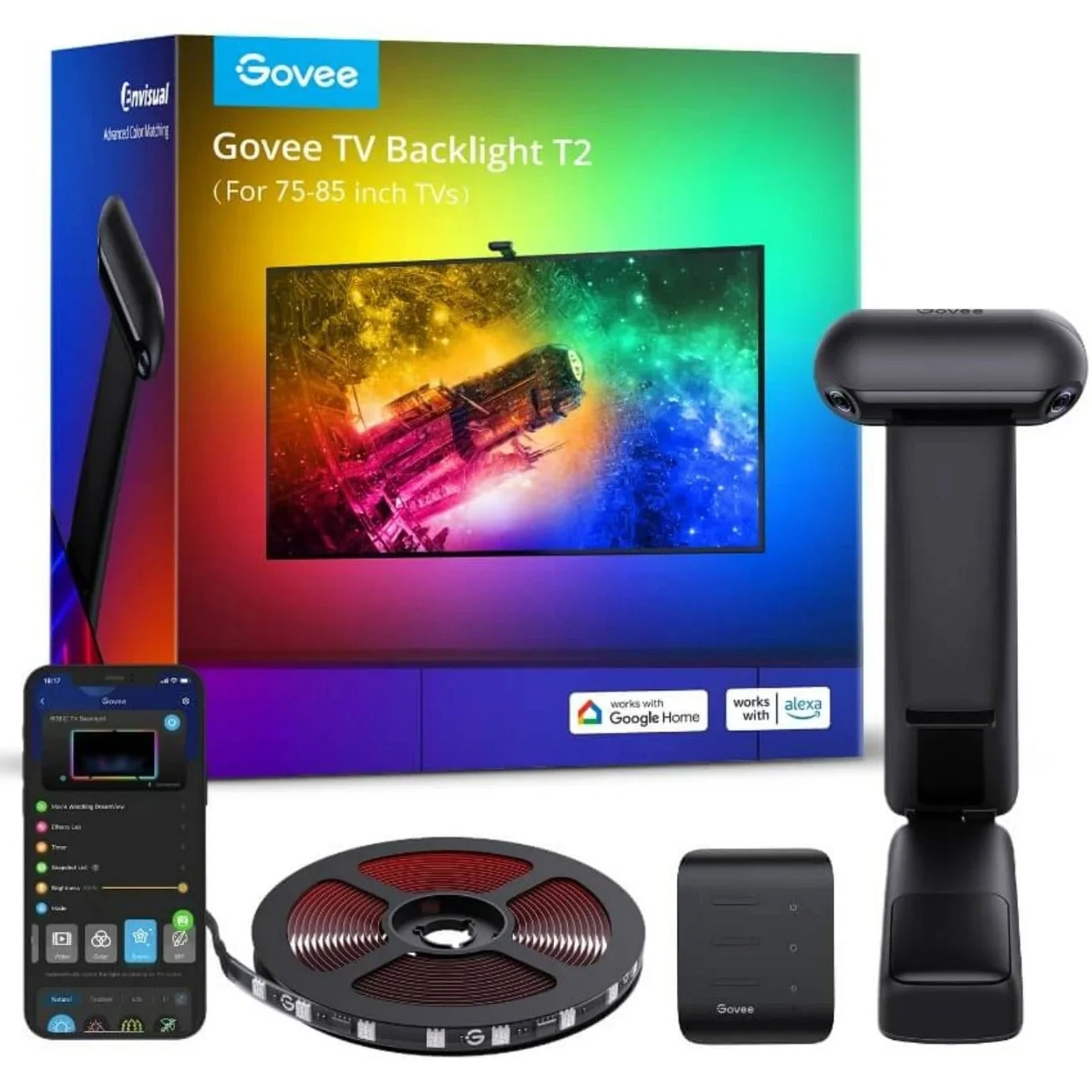 Fotografie Banda LED inteligenta pentru TV Govee H605C Envisual TV Backlight T2 RGBIC, Wi-Fi+Bluetooth, Dual Camera, 75-85 inch, 60 LEDs/m