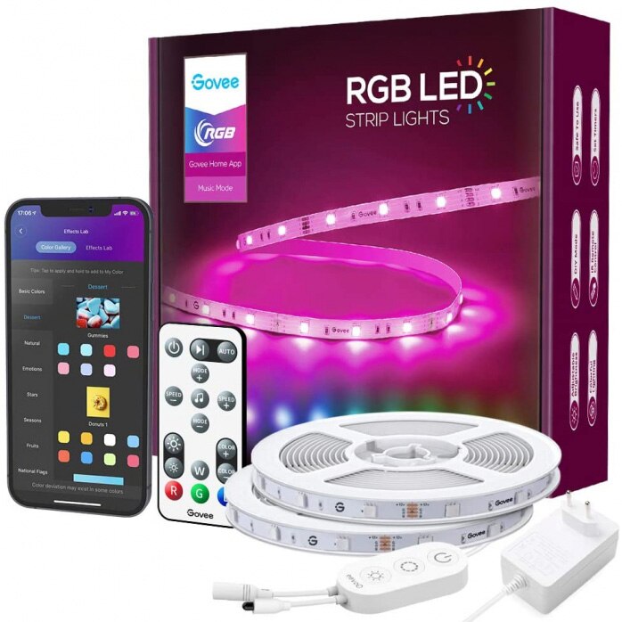 Fotografie Banda LED RGB inteligenta Govee H6154 RGB, Wi-Fi, Bluetooth, telecomanda, sincronizare muzica, lumina colorata, compatibil Alexa/Google Assistant, 15m (2x7.5m)