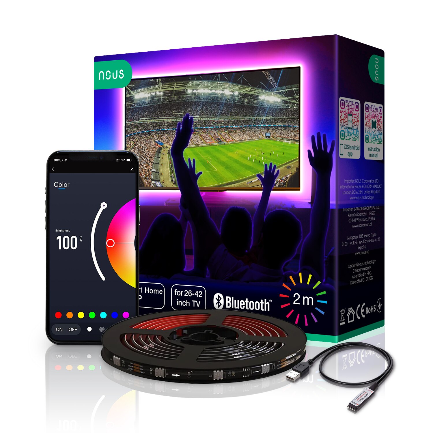 Fotografie Banda LED RGB inteligenta pentru TV Nous F7, TV 26-42 inch, Bluetooth, USB, lumina colorata, (4x50cm) 2m