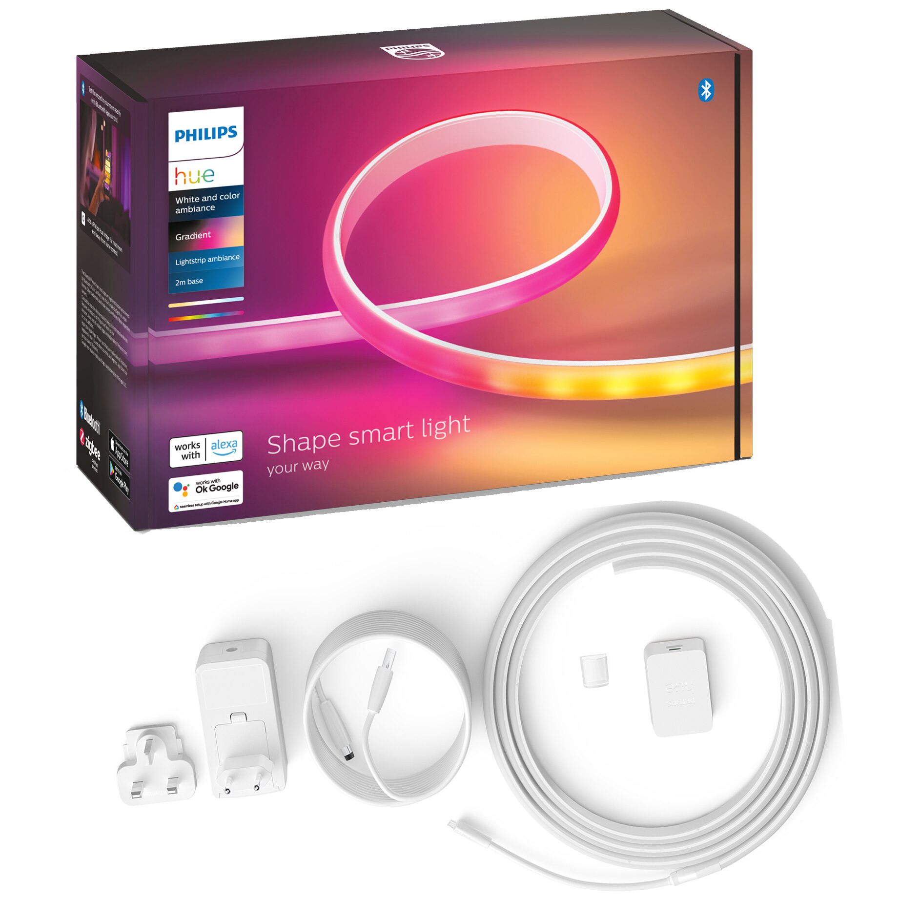 Fotografie Banda LED RGB inteligenta Philips Hue Gradient Lightstrip, Bluetooth, 20W, 1600 lm, lumina alba si colorata, IP20, Silicon, 200 cm