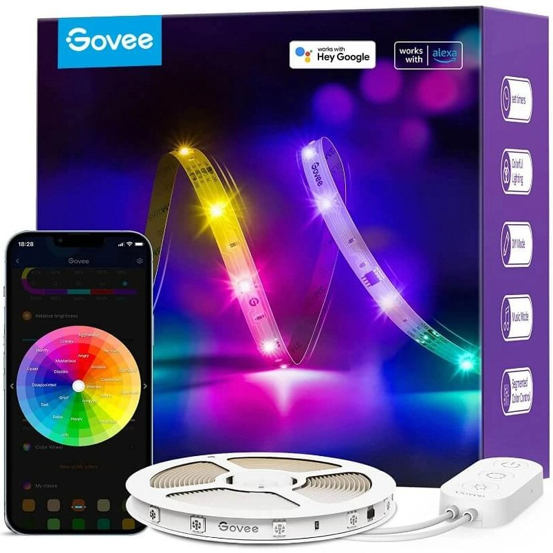 Fotografie Banda LED RGBIC inteligenta Govee H618A RGBIC, Wi-Fi, Bluetooth, sincronizare muzica, lumina alba si colorata, 5m, compatibil Google Assistant & Alexa