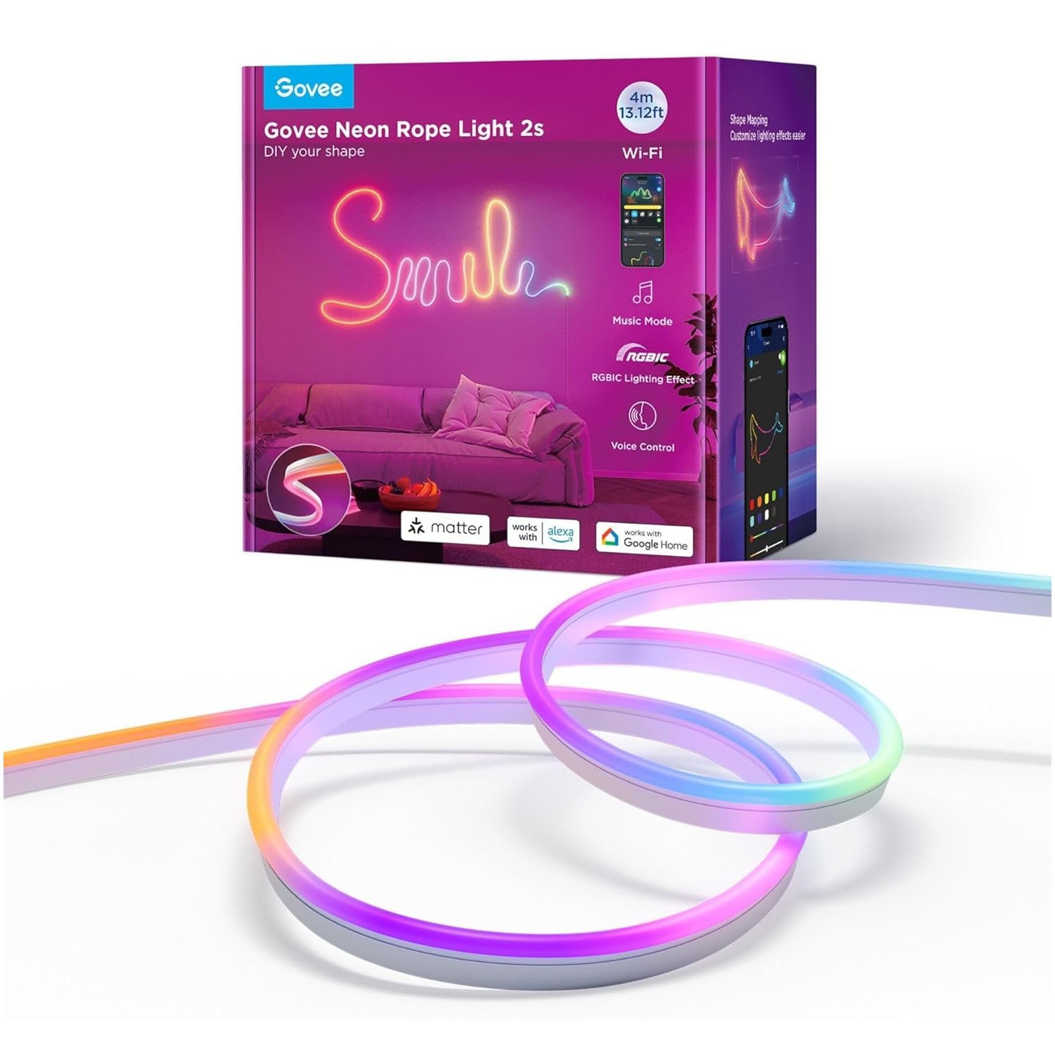 Fotografie Banda LED RGBIC inteligenta Govee Neon Rope 2 H61D4-W, matter, Wi-Fi, Bluetooth, 48W, Sincronizare Muzica, control vocal, 4m, Alb