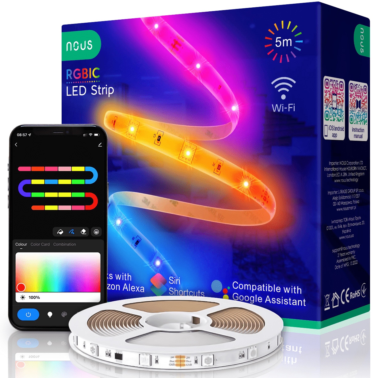 Fotografie Banda LED RGBIC inteligenta Nous F4, Wi-Fi, sincronizare muzica, control vocal, 18W, lumina colorata, 5m