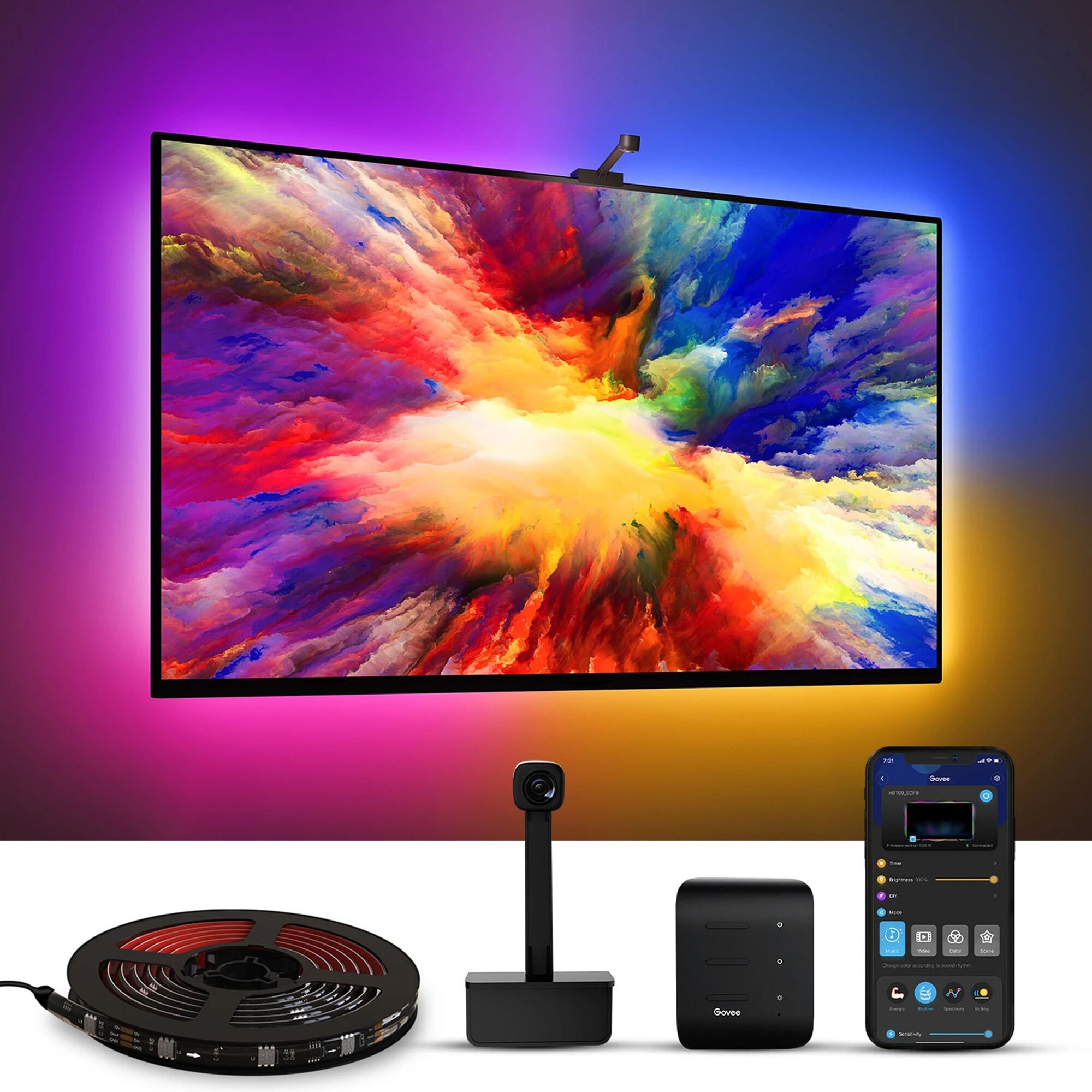 Fotografie Banda LED RGBIC pentru TV Govee Backlight, Wi-Fi, sincronizare imagine TV, camera ColorSense 1080p HD, TV compatibil 55-65 inch, 2x70cm + 2x120cm
