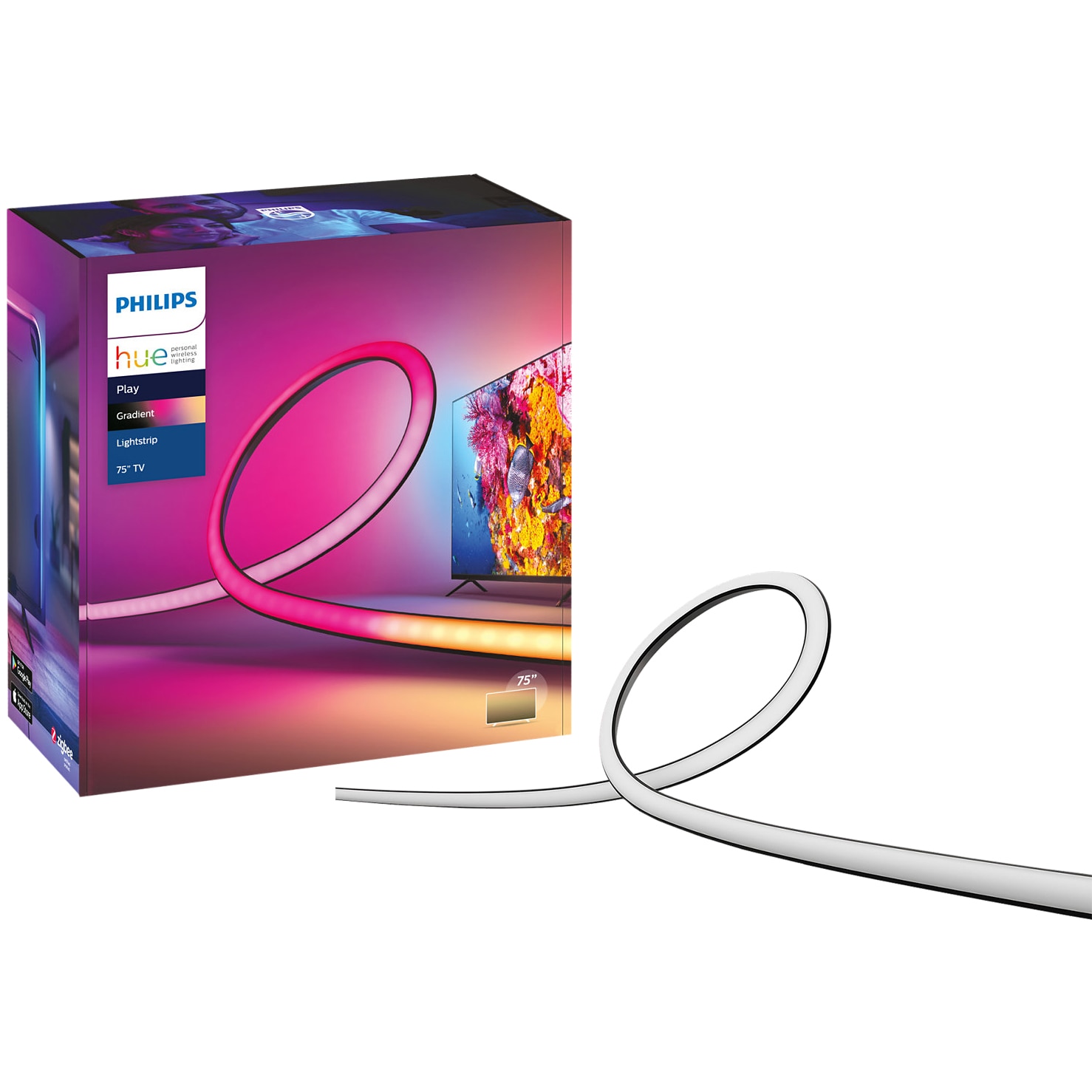 Fotografie Banda LED RGBW inteligenta Philips Hue Play Gradient, pentru televizor 75", 20W, 1100 lm, lumina alba si colorata, 304 cm, Silicon