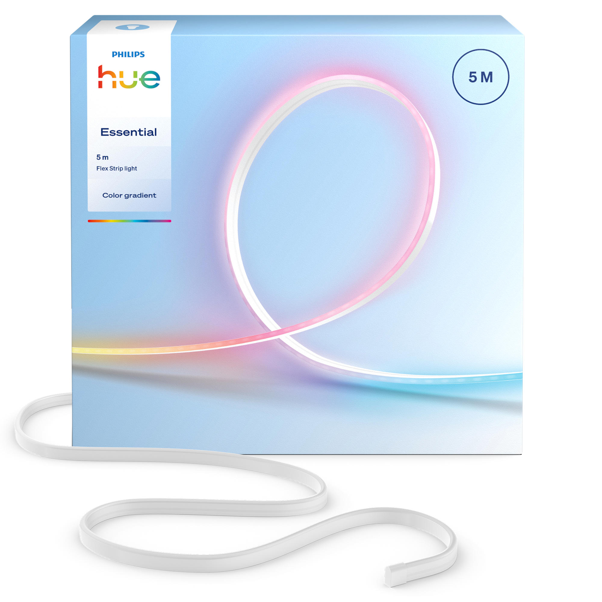 Fotografie Banda LED smart Flex Hue Essential de 5 metri, RGBIC, culori vibrante si ambianta, iluminare flexibila pentru interior, instalare usoara, control prin aplicatie si comanda vocala, compatibila cu Alexa, Google Assistant si Apple Home