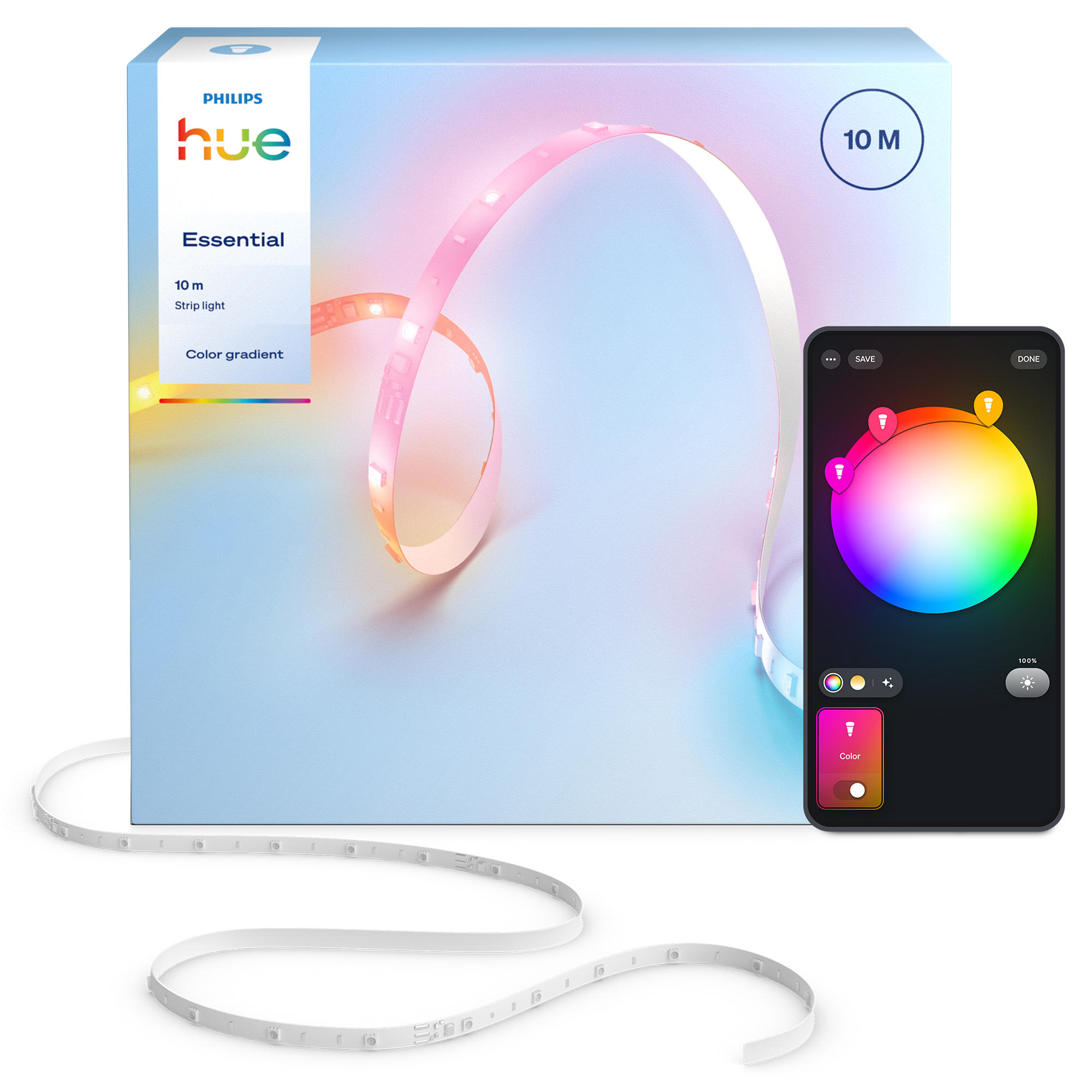 Fotografie Banda LED smart Hue Essential de 10 metri, RGBIC, culori vibrante si ambianta, iluminare flexibila pentru interior, instalare usoara, control prin aplicatie si comanda vocala, compatibila cu Alexa, Google Assistant si Apple Home