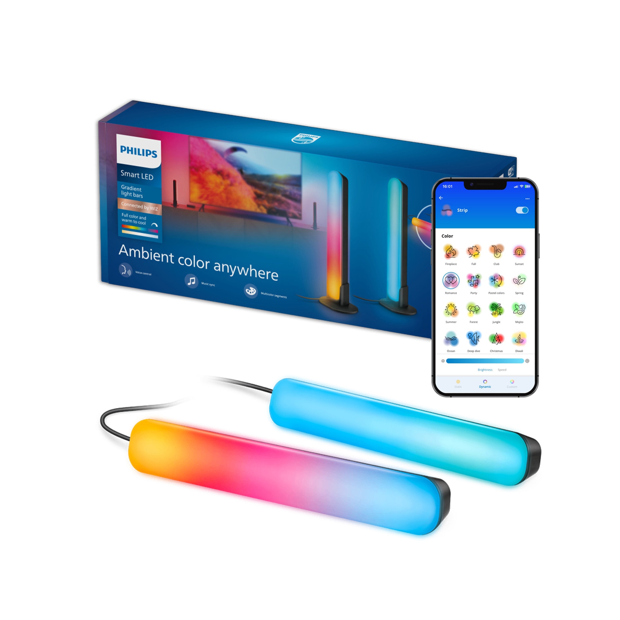 Fotografie Bare luminoase in gradient LED RGBIC Philips Smart, IP20, 2700/6500 K, ≥80 IRC, Bluetooth, WiFi (2,4 GHz), Alexa, Google Home, Homey, IFTTT, Matter, Samsung Smartthings