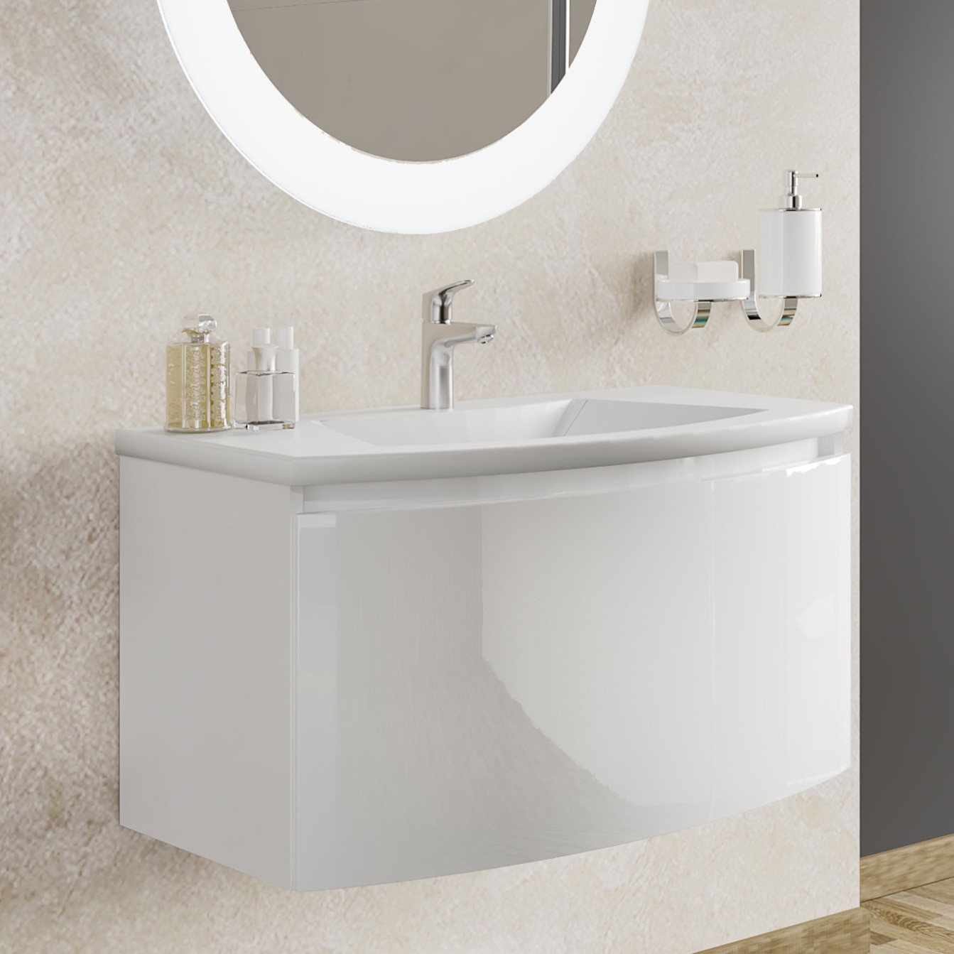 Fotografie Baza mobilier Kring Luna, cu un sertar cu inchidere amortizata, infoliat alb lucios, 81x41x49 cm
