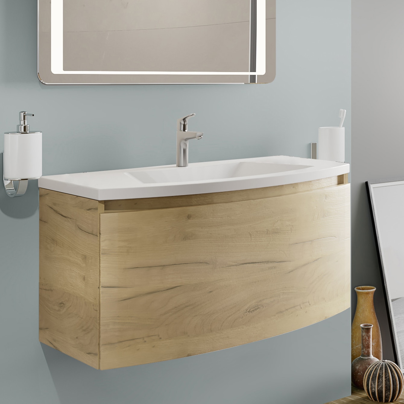 Fotografie Baza mobilier Kring Luna, cu un sertar cu inchidere amortizata, infoliat stejar auriu, 81x41x49 cm