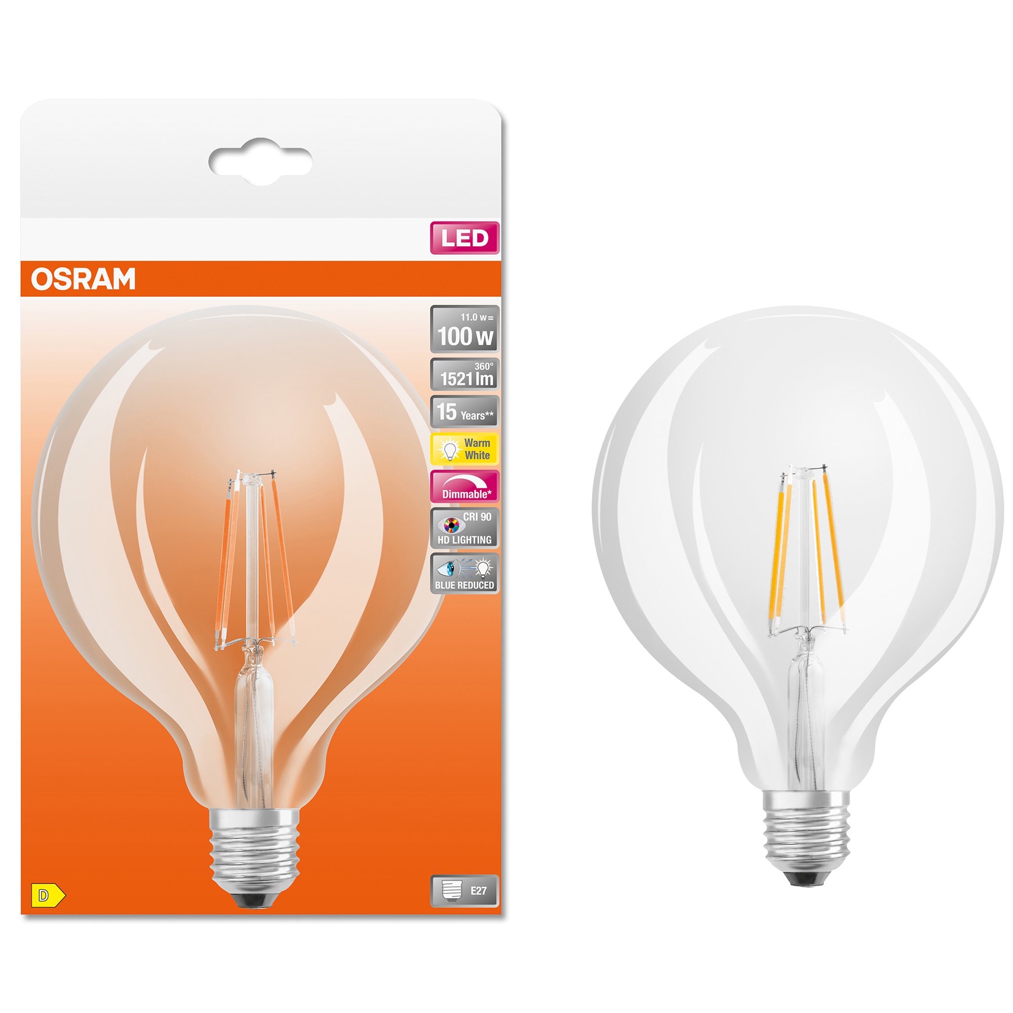 Fotografie Bec LED dimabil Osram SST Plus Globe Filament G125, CRI90, 11W (100W), 1521 lm, lumina calda (2700K), clasa energetica D