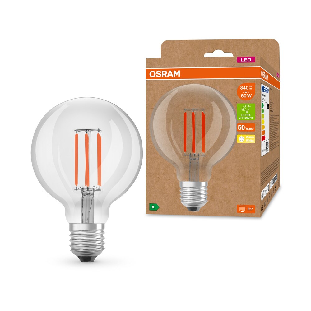 Fotografie Bec LED filament Osram G950, 4W (60W), 840lm, lumina calda (3000K), clasa energetica A