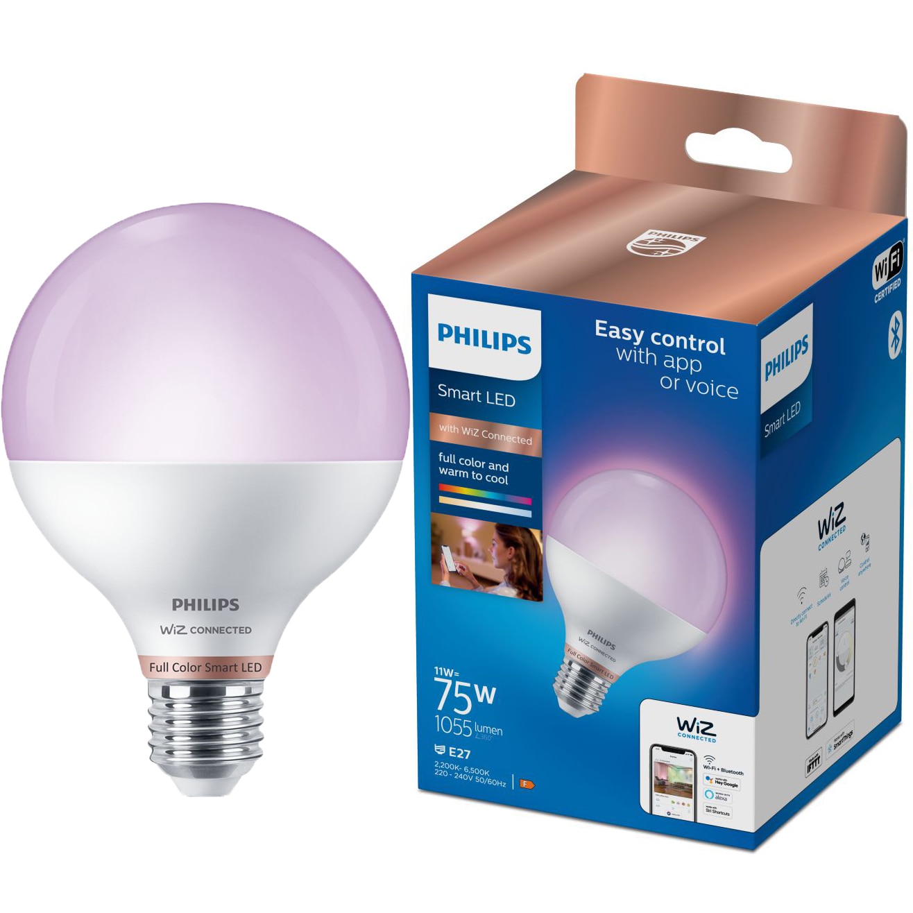 Fotografie Bec LED inteligent Philips Glob, Wi-Fi, Bluetooth, G95, E27, 11W (75W), 1055 lm, temperatura lumina reglabila (2200-6500K), clasa energetica F