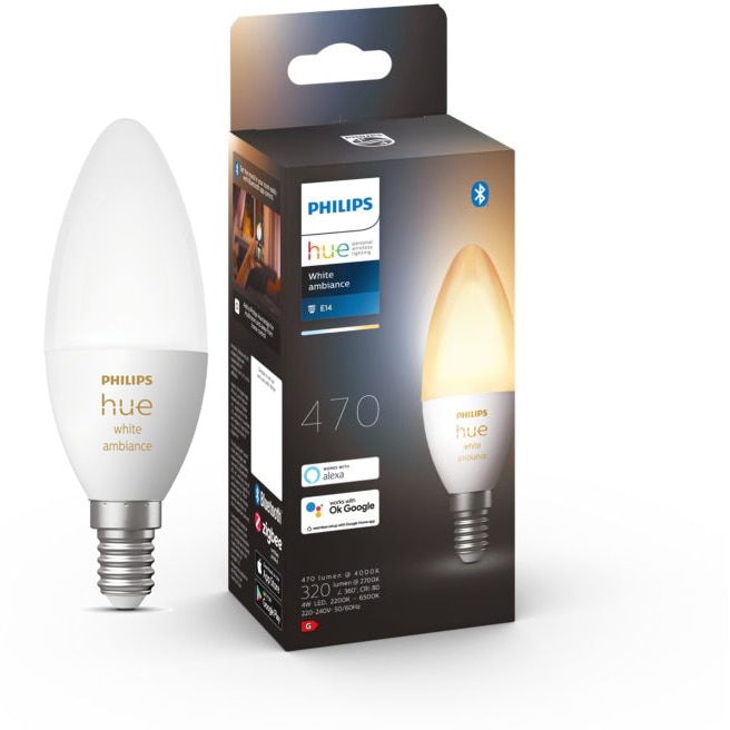 Fotografie Bec LED inteligent Philips Hue B39, Bluetooth, Zigbee, E14, 4W (25W), 470 lm, lumina ambianta alba (2200-6500K), clasa energetica G