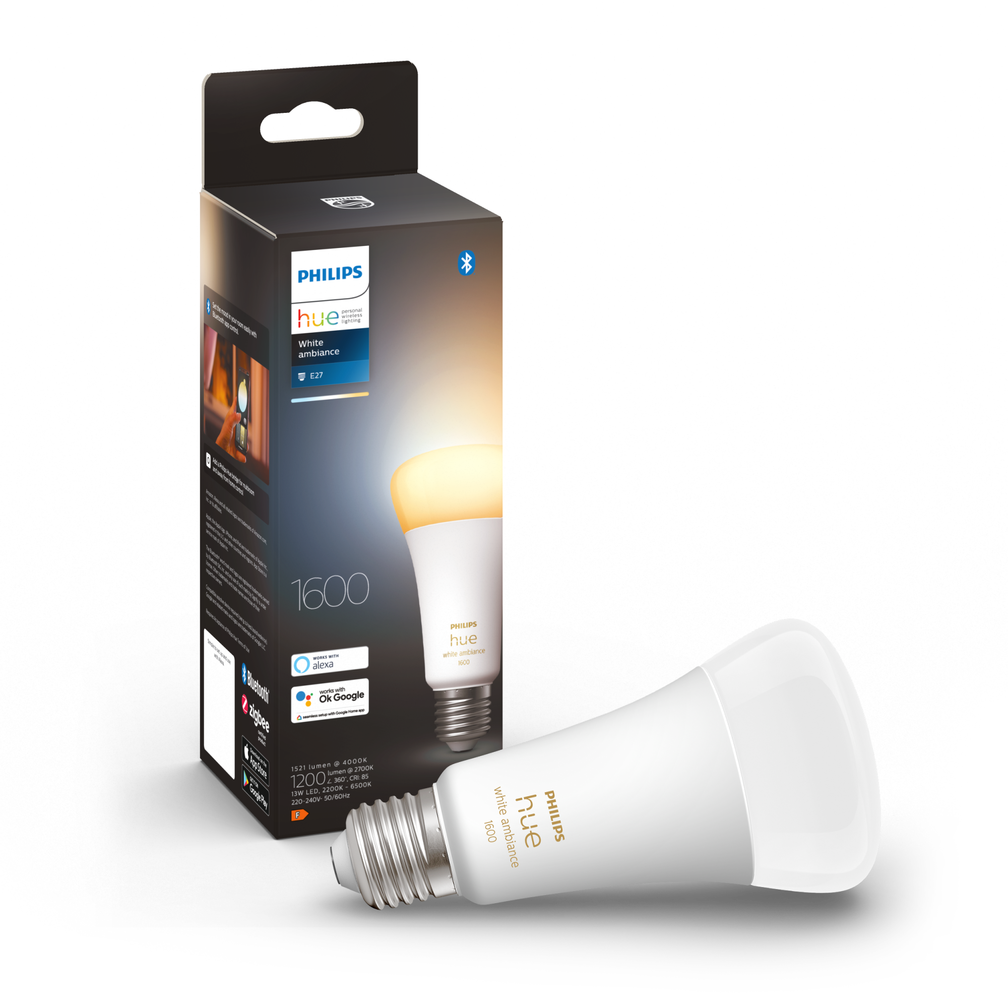 Fotografie Bec LED inteligent Philips Hue, Bluetooth, Zigbee, E27, 13W (100W) 1600 lm, ambianta alba, temperatura lumina reglabila (2200-6500K), clasa energetica F