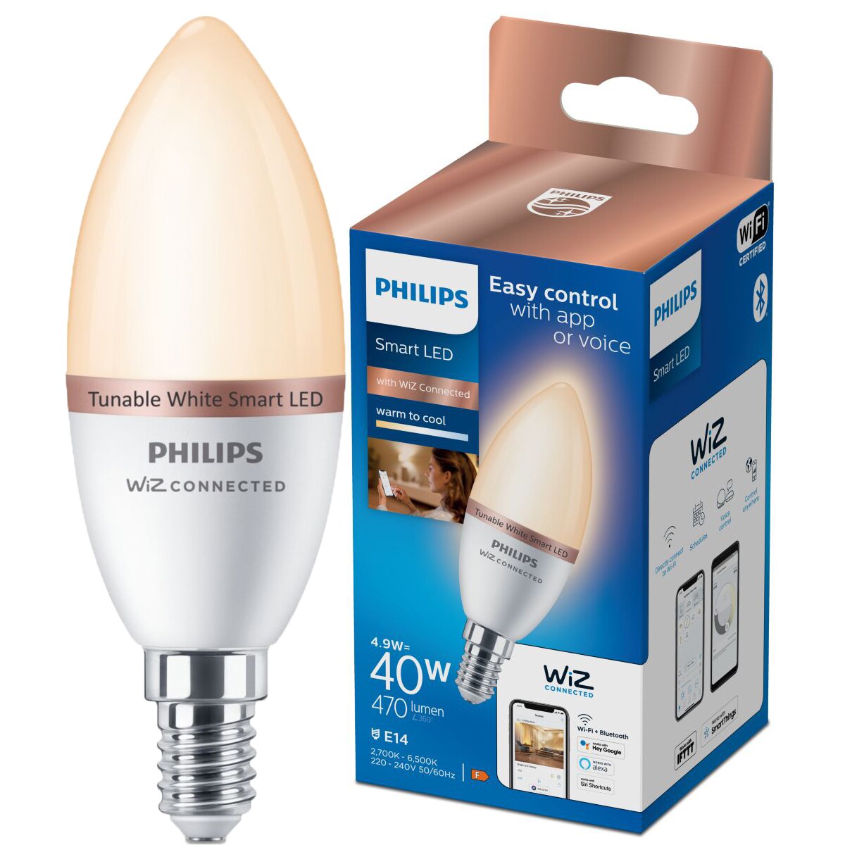 Fotografie Bec LED inteligent Philips, lumanare, Wi-Fi, Bluetooth, C37, E14, 4.9W (40W), 470 lm, temperatura lumina reglabila (2700-6500K), clasa energetica F