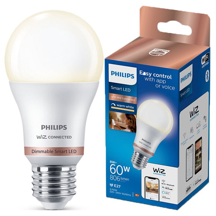 Fotografie Bec LED inteligent Philips, Wi-Fi, Bluetooth, A60, E27, 8W (60W), 806 lm, lumina alba calda (2700K), clasa energetica F