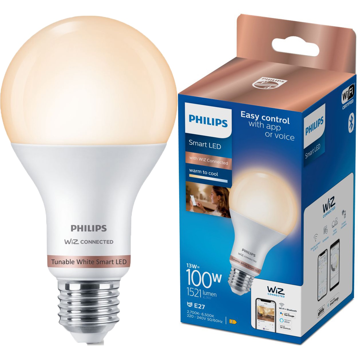 Fotografie Bec LED inteligent Philips, Wi-Fi, Bluetooth, A67, E27, 13W (100W), 1521 lm, temperatura lumina reglabila (2700-6500K), clasa energetica E