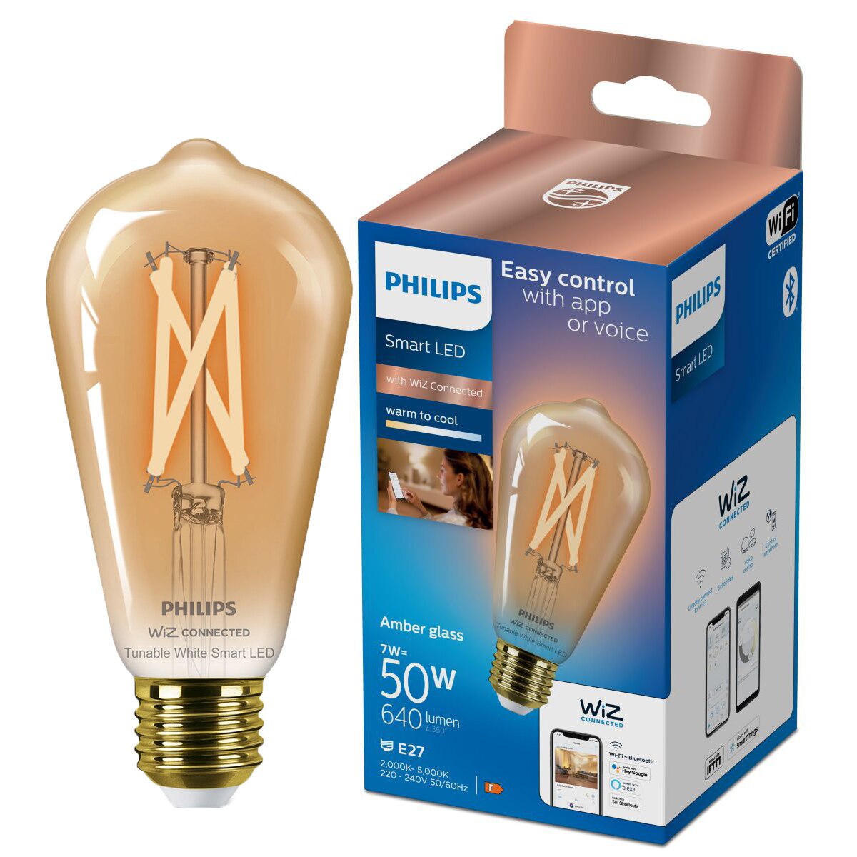Fotografie Bec LED inteligent vintage Philips filament chihlimbariu, Wi-Fi, Bluetooth, ST64, E27, 7W (50W), 640 lm, temperatura lumina reglabila (2000-5000K)