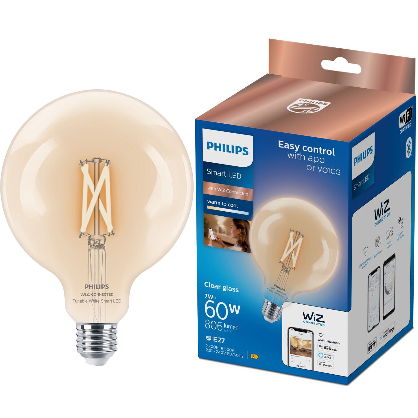 Fotografie Bec LED inteligent vintage Philips filament transparent, Wi-Fi, Bluetooth, G125, E27, 7W (60W), 806 lm, temperatura lumina reglabila (2700-6500K), 12.5cm