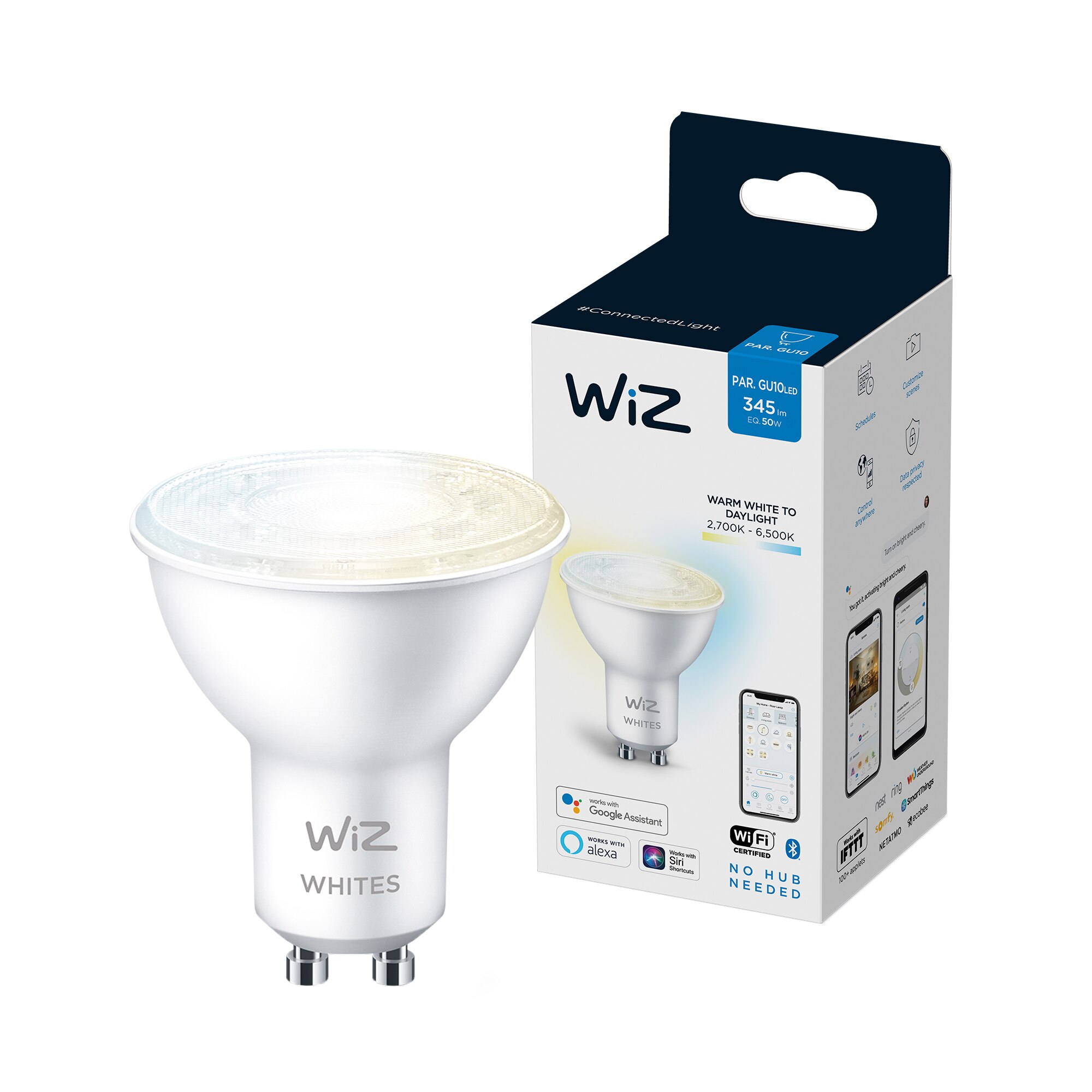 Fotografie Bec LED inteligent WiZ Connected Whites, Wi-Fi, GU10, 4.9W (50W), 345 lm, temperatura lumina reglabila (2700K-6500K), compatibil Google Assistant/Alexa/Siri