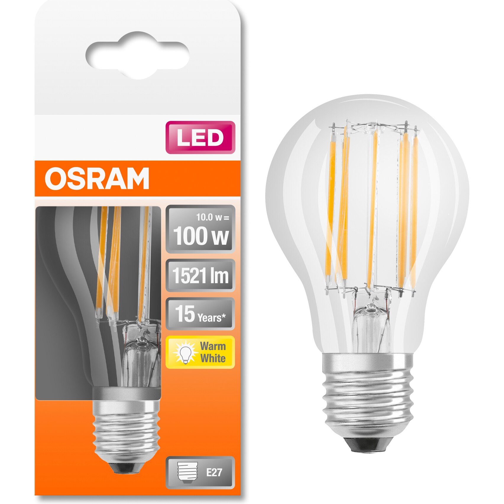 Fotografie Bec LED Osram Filament, E27, 10W (100W), 1521 lm, lumina calda (2700K)