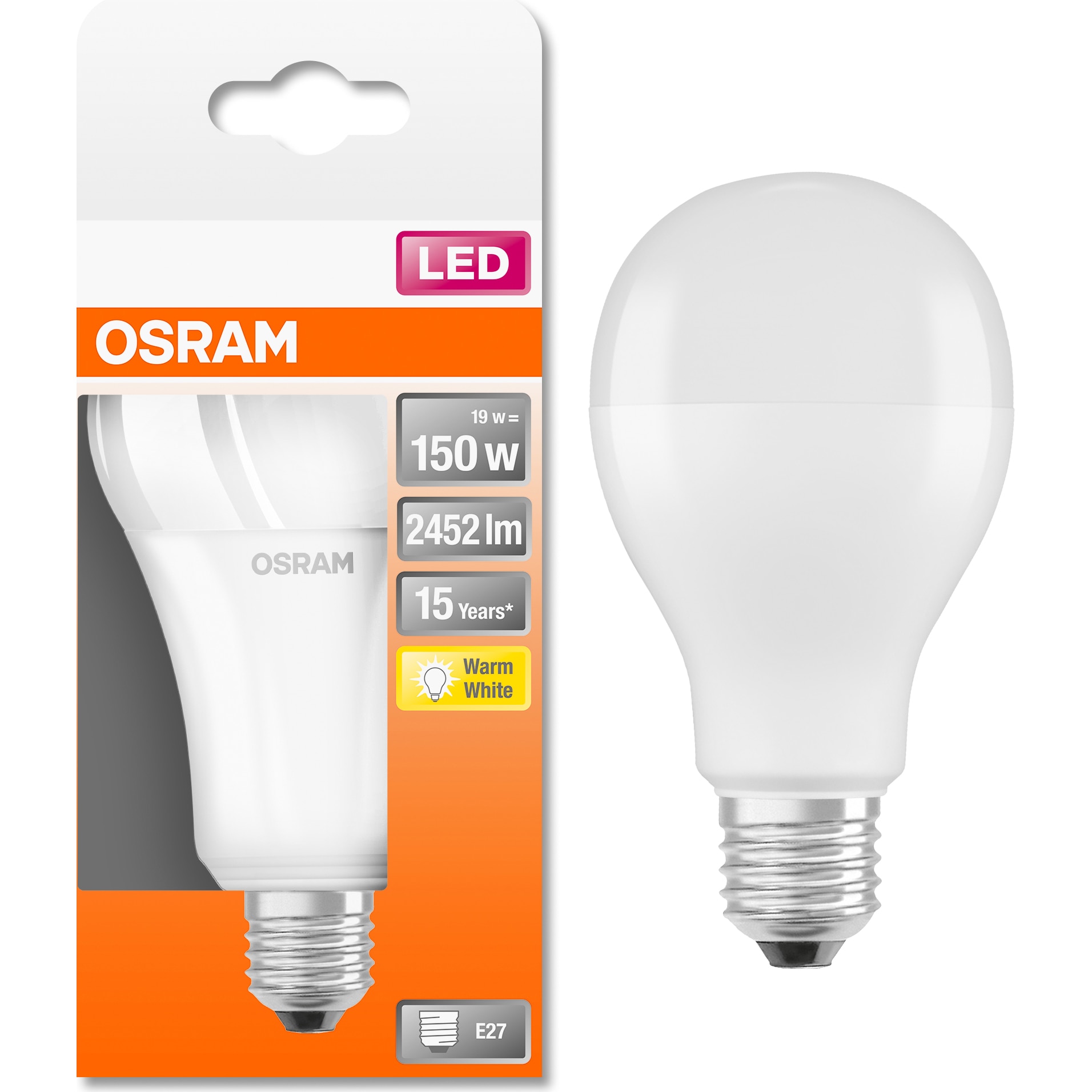 Fotografie Bec LED Osram LED STAR FR A150 E27, 19W (150W), 2452 lm, lumina calda (2700K), clasa energetica E