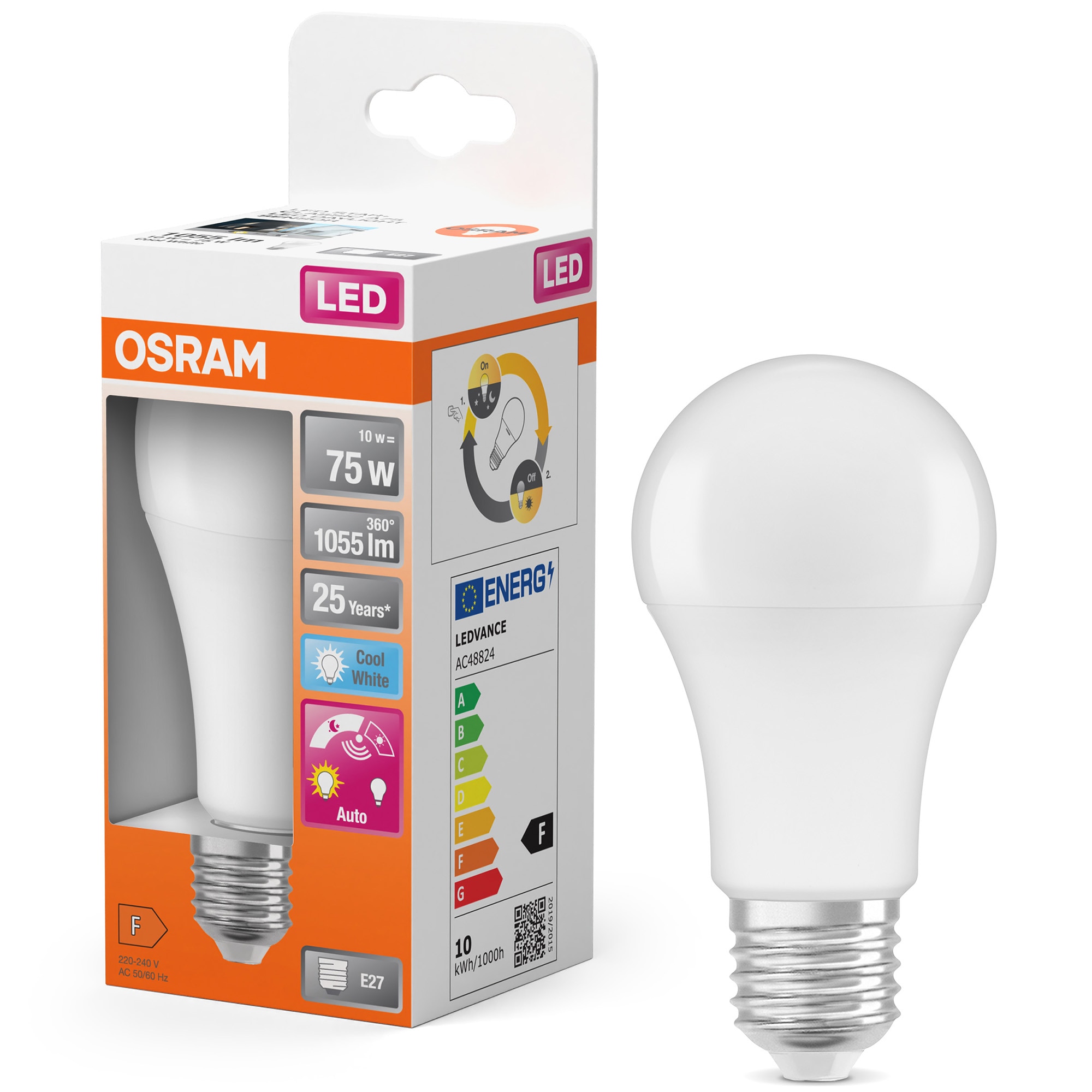 Fotografie Bec LED OSRAM Star cu senzor de lumina, A75, E27, 10W (75W), 1055 lm, lumina neutra (4000K), clasa energetica F