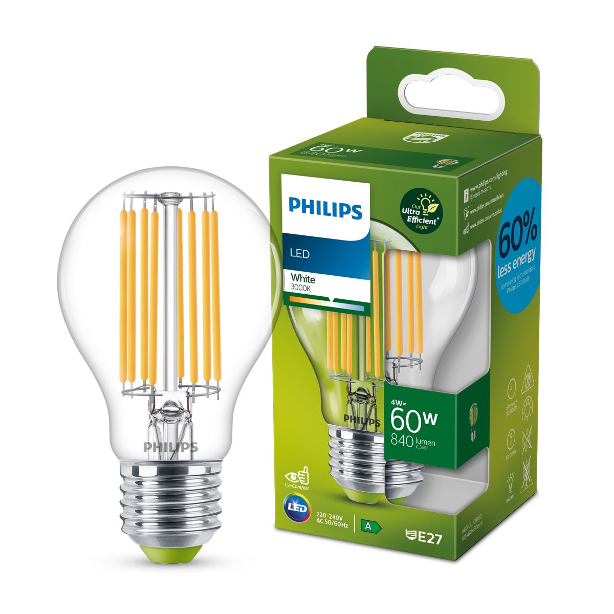 Fotografie Bec LED Philips A60, E27, 4W (60W), 840 lm, lumina alba calda (3000K), clasa energetica A