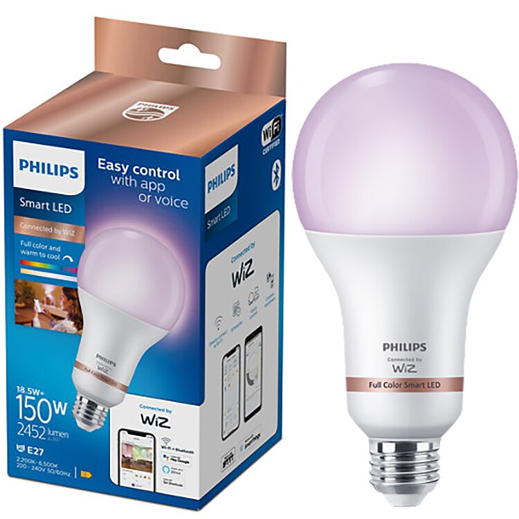 Fotografie Bec LED RGB inteligent Philips Smart, Wi-Fi, E27, 18.5W (150W), 2452 lm, lumina alba si colorata (2200-6500K), control vocal, clasa energetica F