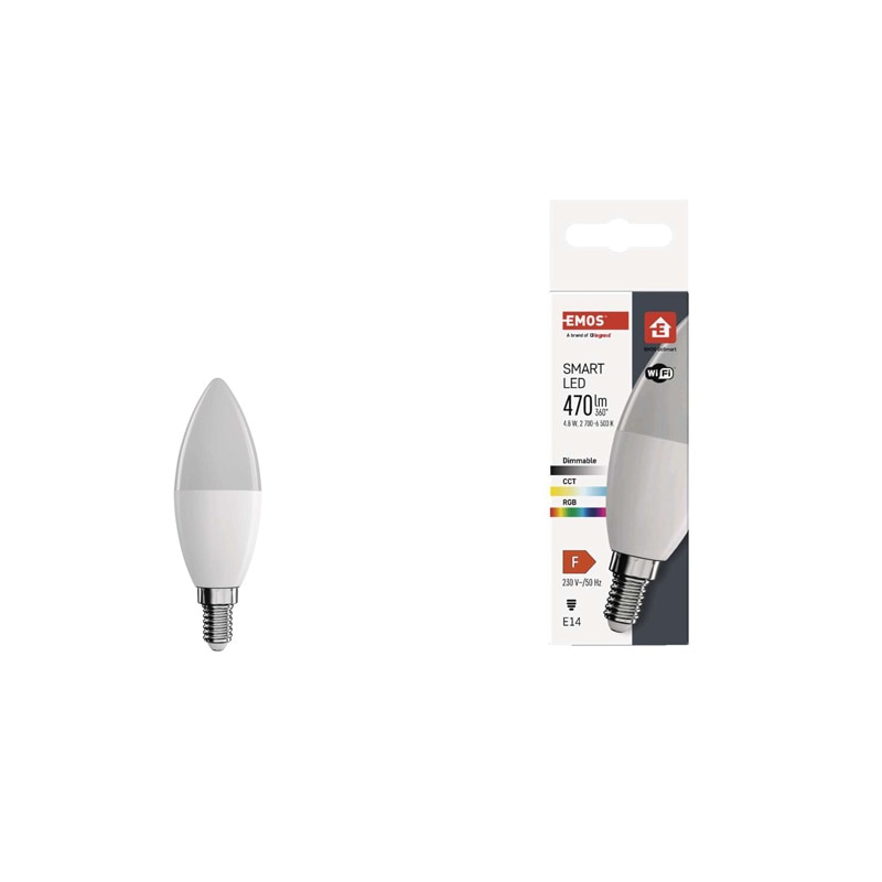 Fotografie Bec LED RGBW inteligent EMOS GoSmart EM-ZQW322R, Wi-Fi, lumanare, dimabil, E14, 4.8W (40W), 470 lm, lumina alba si colorata (2700-6500K), clasa energetica F