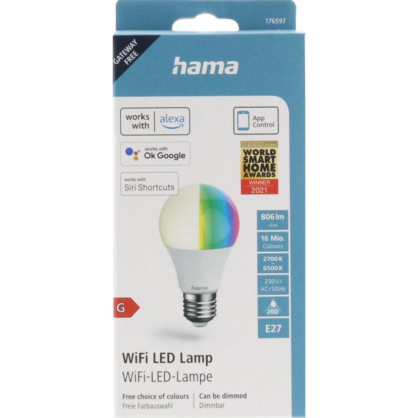 Fotografie Bec LED RGBW inteligent Hama, Wi-Fi, E27, 10W (60W), 806 lm, reglabil, lumina alba si colorata (2700-6500K), control vocal, Clasa energetica G