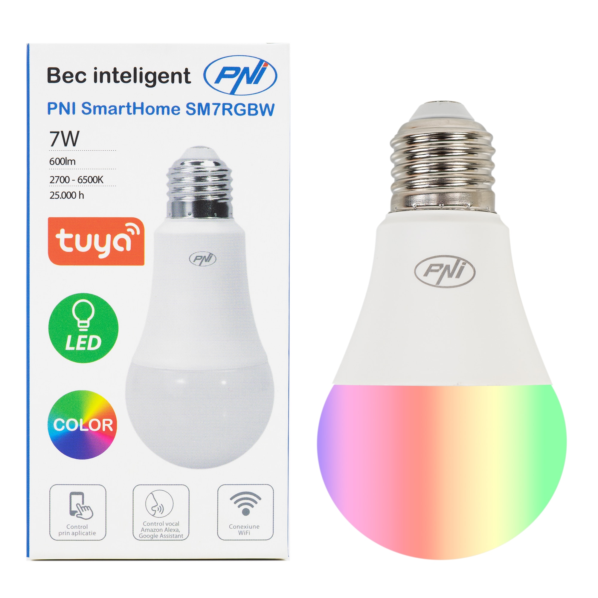 Fotografie Bec LED RGBW inteligent PNI SmartHome SM7RGBW, Wi-Fi, E27, 7W, lumina alba si colorata, App Tuya Smart, compatibil Amazon Alexa/Google Home, clasa energetica F