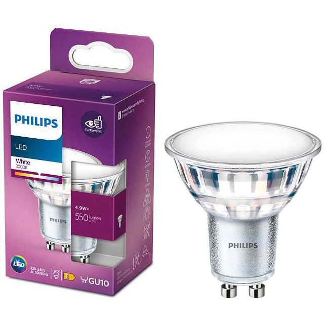 Fotografie Bec LED spot Philips PAR16, GU10, 4.9W, 550 lm, lumina alba calda (3000K), Clasa energetica E