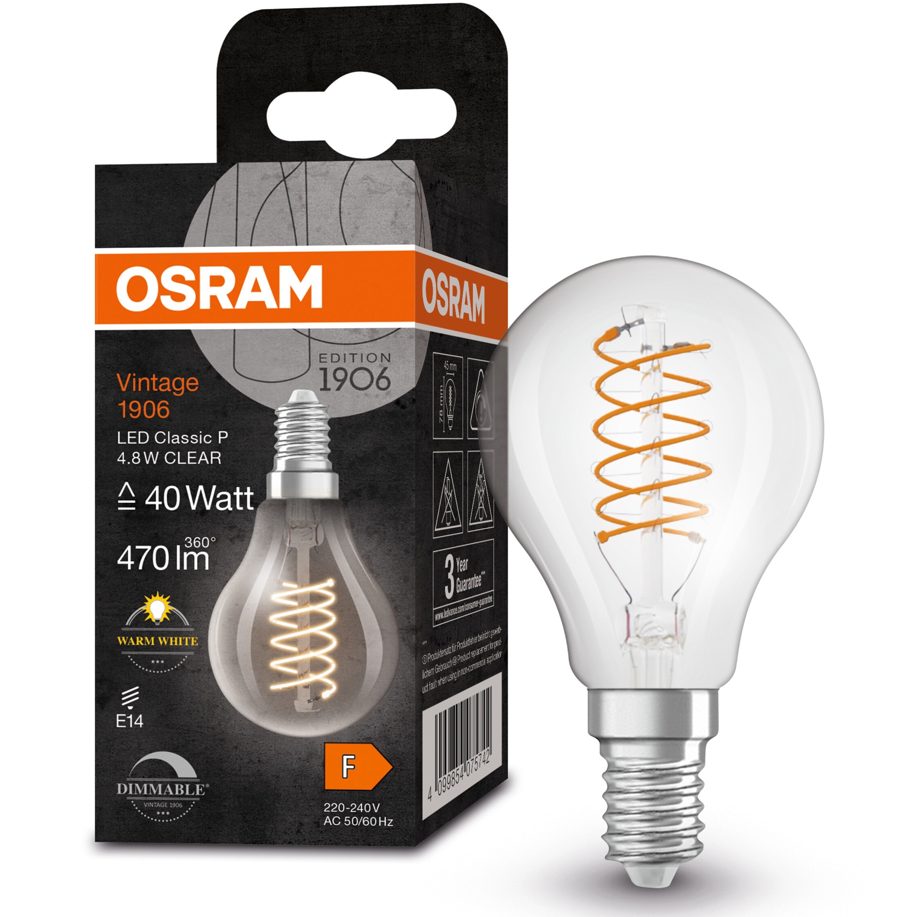 Fotografie Bec LED vintage (decorativ) OSRAM 1906 Clear, glob, dimabil, E14, 4.8W (40W), 470 lm, lumina calda (2700K), clasa energetica F