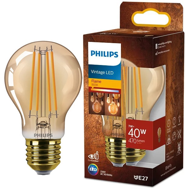 Fotografie Bec LED vintage (decorativ) Philips A60, flacara, chihlimbar, E27, 7W (40W), 470 lm, lumina alba calda (1800K)
