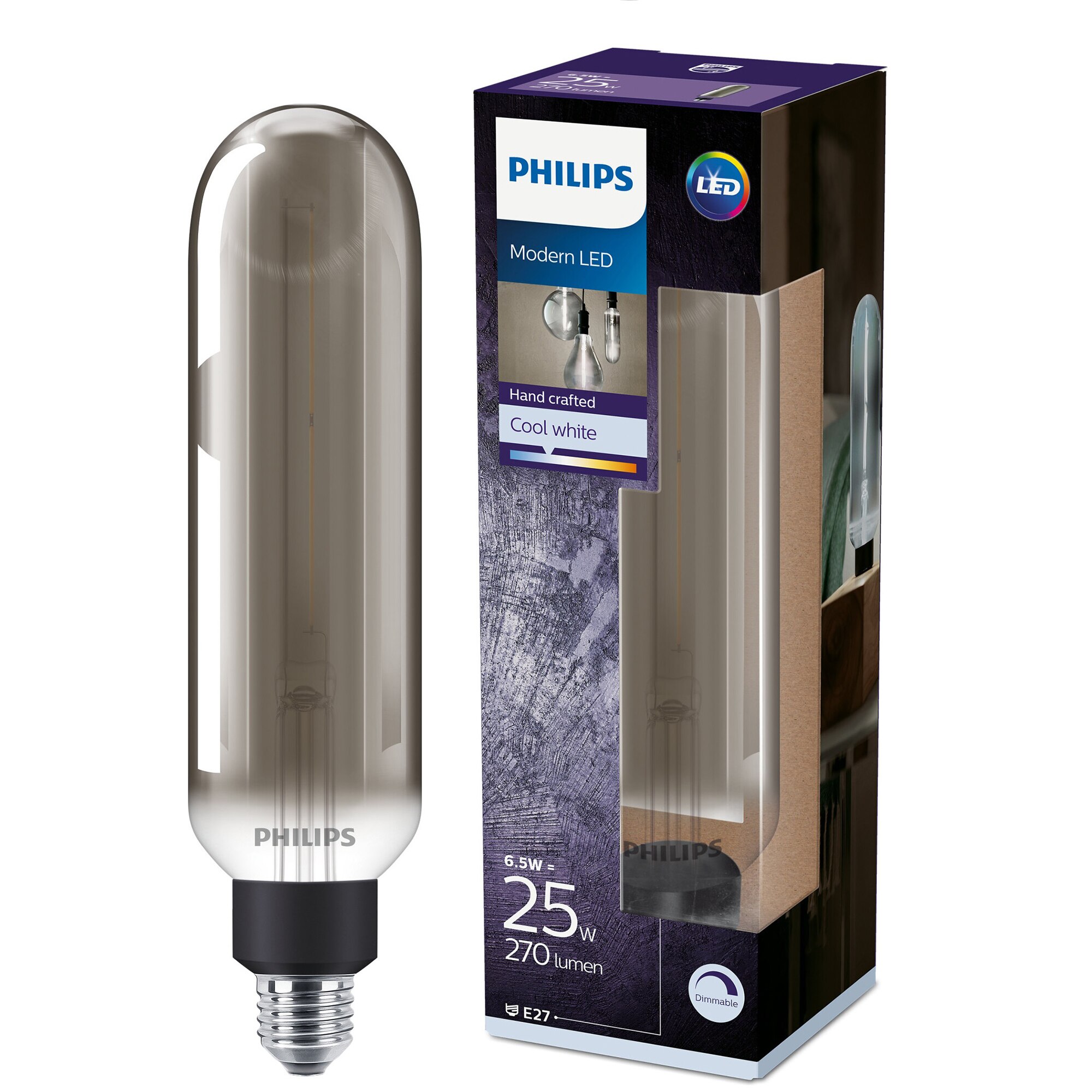 Fotografie Bec LED vintage (decorativ) Philips Giant, EyeComfort, dimabil, T65, E27, 6.5W (25W), 270 lm, lumina alba rercec (4000K), Smoky, 27.3 cm