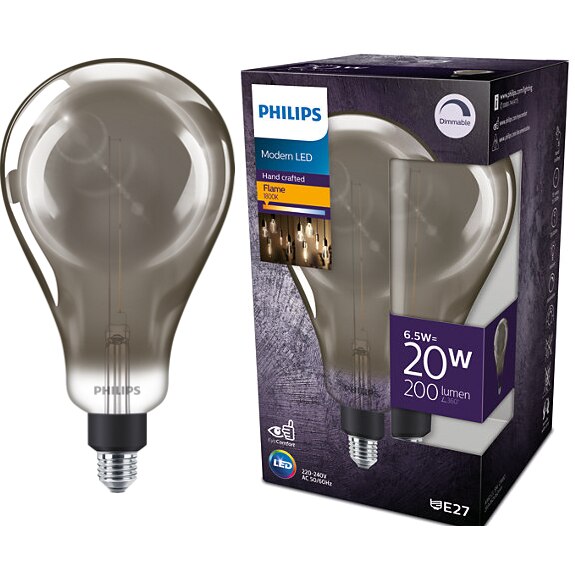 Fotografie Bec LED vintage Philips Giant A160, intensitate luminosa reglabila (dimabil), E27, 6.5W (20W), 200 lm, lumina calda tip flacara (1800K), Fumuriu, 29.3x16.2 cm