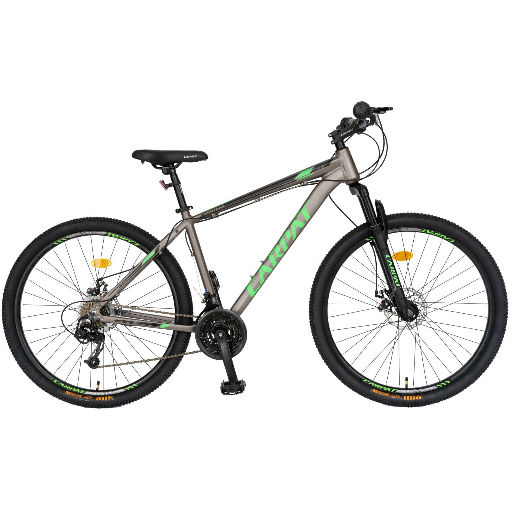 Fotografie Bicicleta MTB Carpat Montana C2799A, 27.5 inch, 21 viteze, cadru aluminiu, frane disc, manete schimbator Shimano rotative, gri/negru/verde