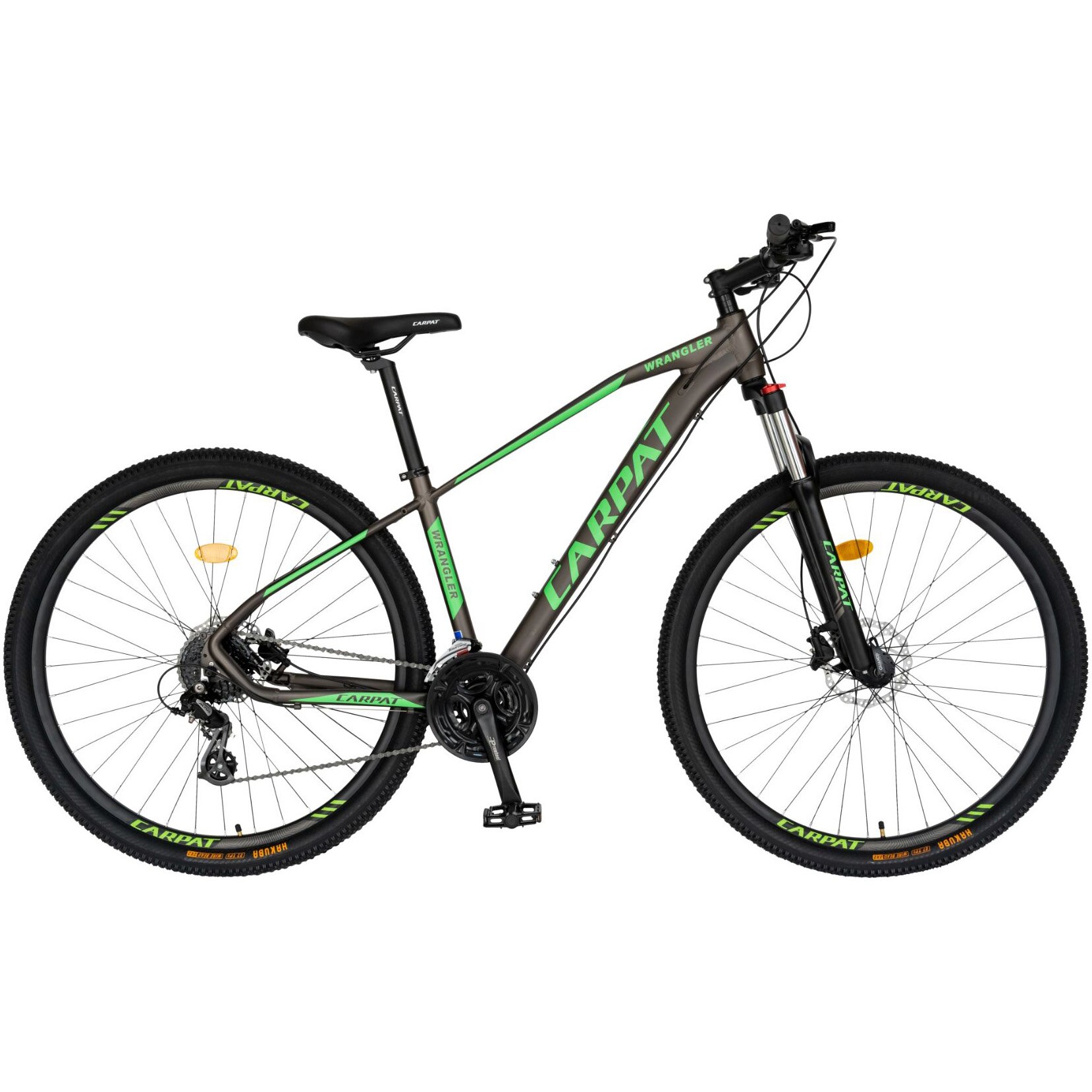 Fotografie Bicicleta MTB-HT, Schimbator Shimano Altus RD-M310-L, 24 Viteze, Cadru Aluminiu, Roti 29 Inch, Frane Hidraulice, Carpat C2959AH, Gri cu Design Verde