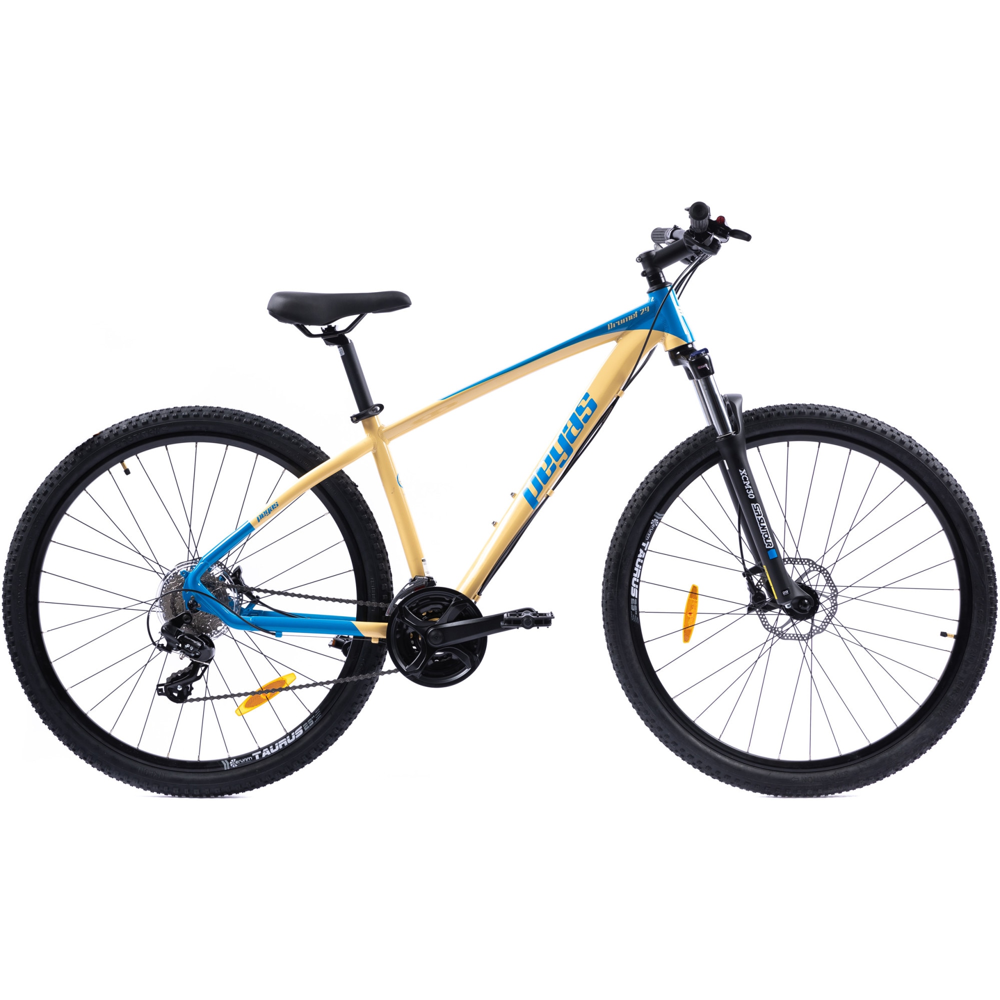 Fotografie Bicicleta MTB Pegas Drumet, cadru aluminiu, marime M, 24 viteze, manete schimbator Shimano, frane disc fata/spate, roti 29 inch, Nisip