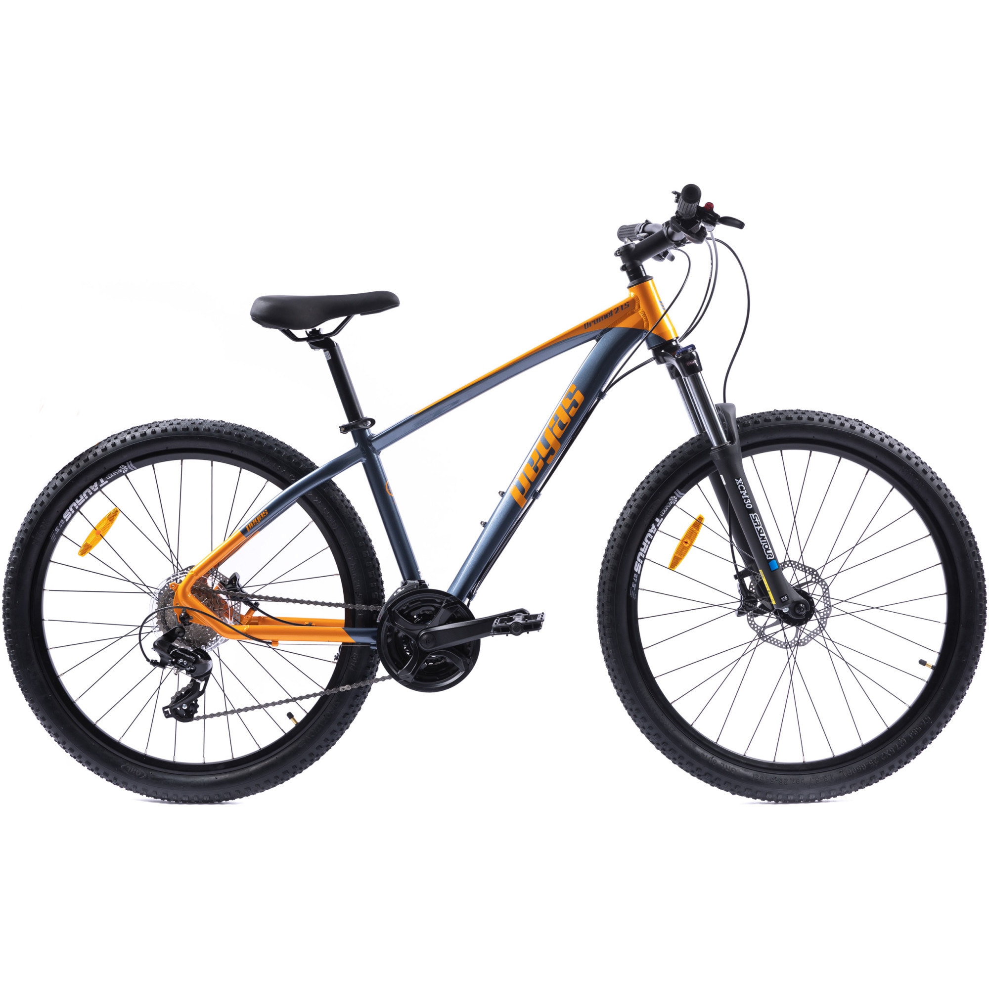 Fotografie Bicicleta MTB Pegas Drumet, cadru aluminiu, marime S, 24 viteze, manete schimbator Shimano, frane disc fata/spate, roti 27.5 inch, Portocaliu