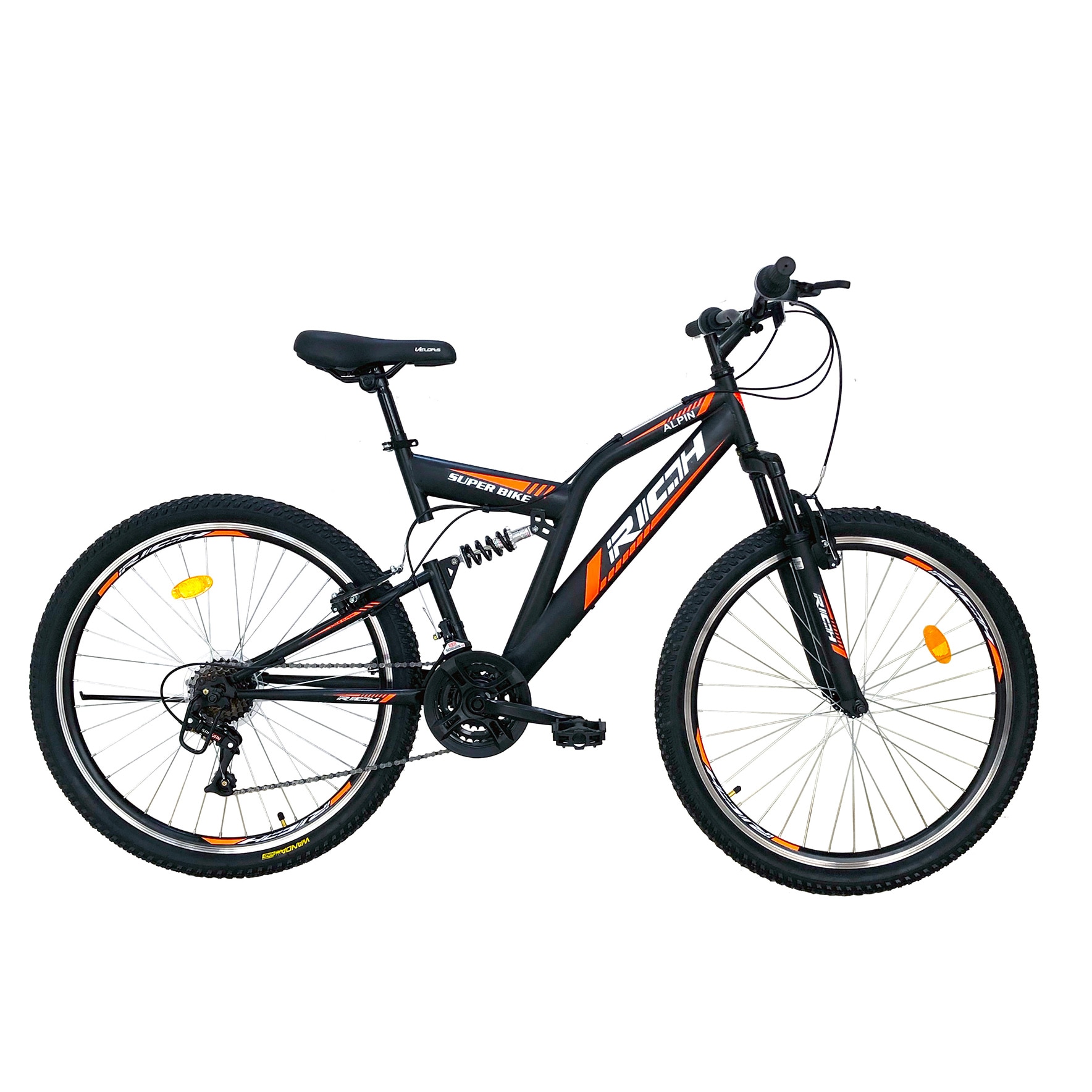 Fotografie Bicicleta MTB Rich Alpin R2649, suspensie fata/spate, roata 26 inch, frana tip V-Brake, 18 Viteze, Negru/Portocaliu