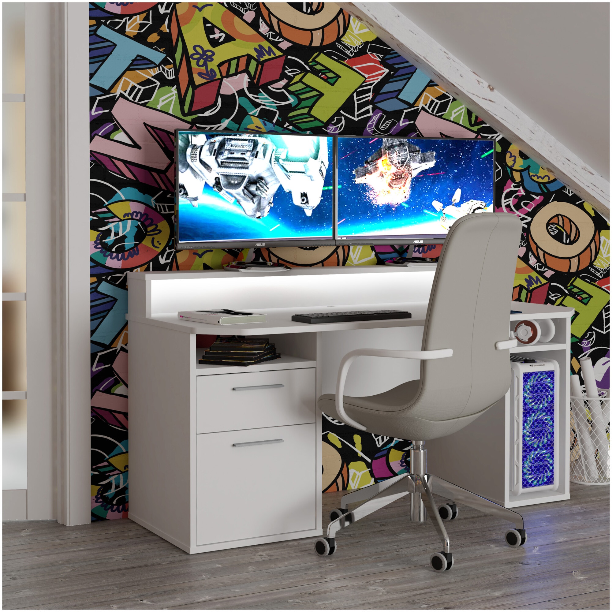 Fotografie Birou KringX Gaming, 160x91x72 cm, culoare alb, 2 sertare, include LED