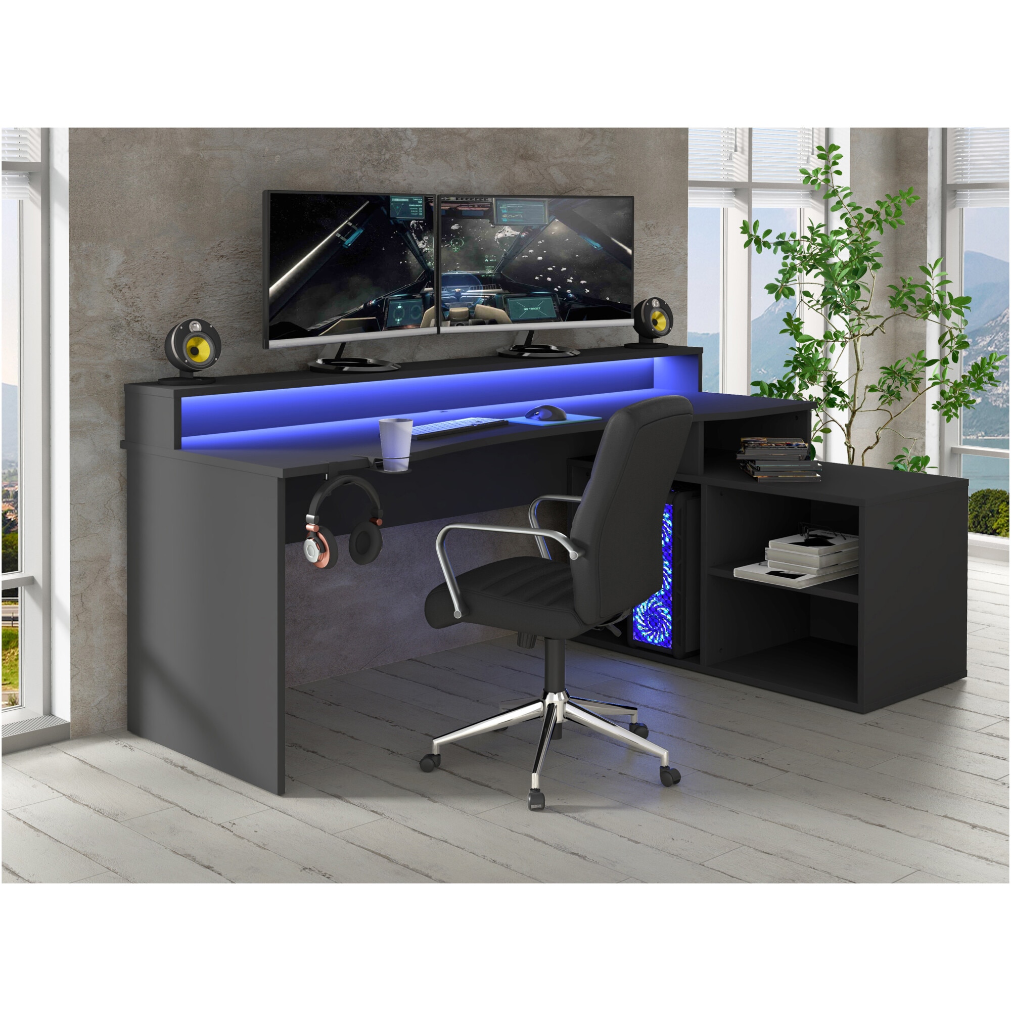 Fotografie Birou KringX Gaming, 200x91x125 cm, culoare negru, include LED suport casti si suport bautura