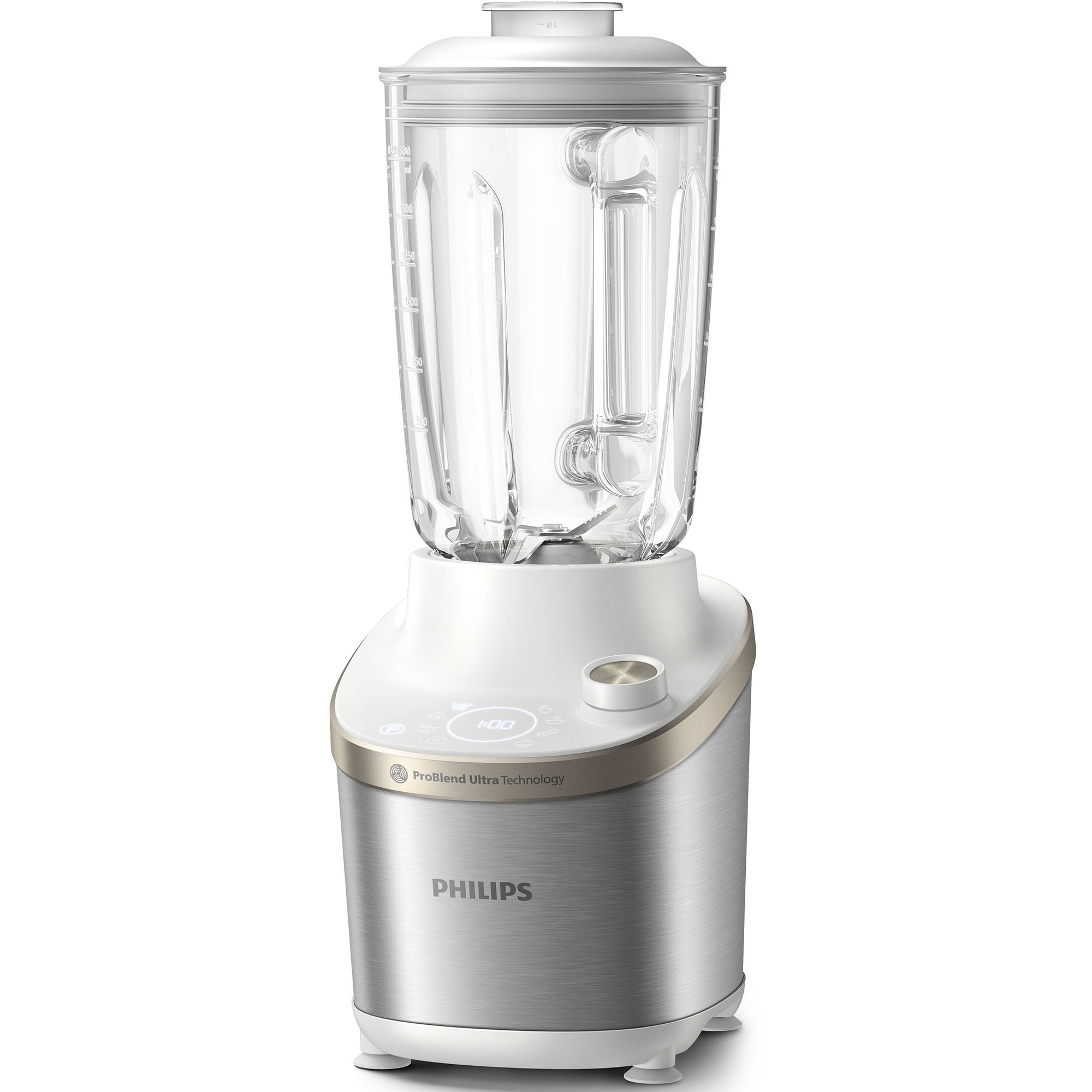 Fotografie Blender de mare viteza Philips HR3760/01, 1500 W, vas de sticla capacitate 2 l, corp din metal alb, 4 lame zimțate, setari de viteza variabila, presetare si funcție impuls, ecran LED si buton, alb