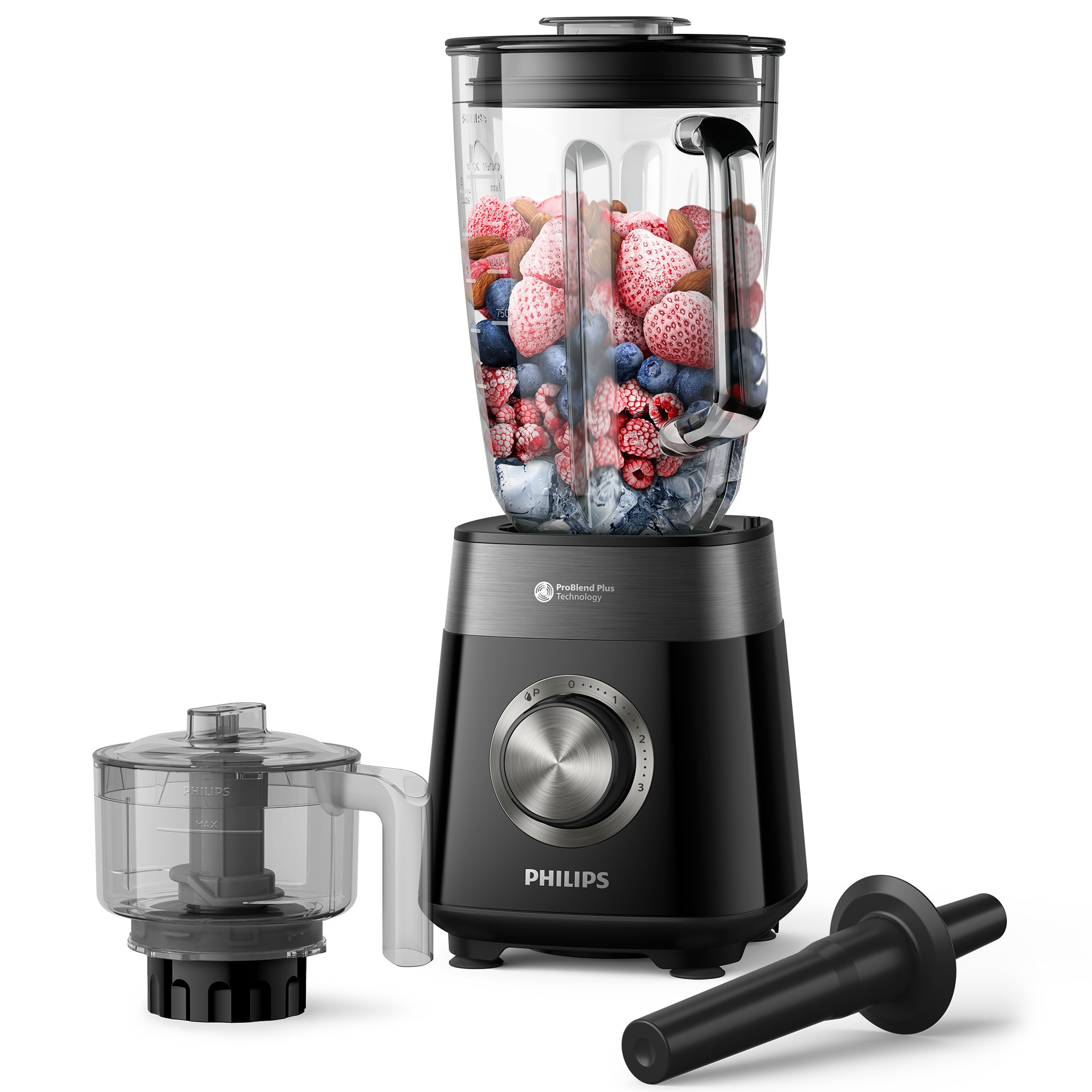 Fotografie Blender Philips HR3032/00 Seria 5000, 1200 W, Lame noi ProBlend Plus, Vas din sticla cu nervuri, 3 viteze plus Impuls, Lame detasabile, capacitate 2 litri, Accesoriu tocator, Negru